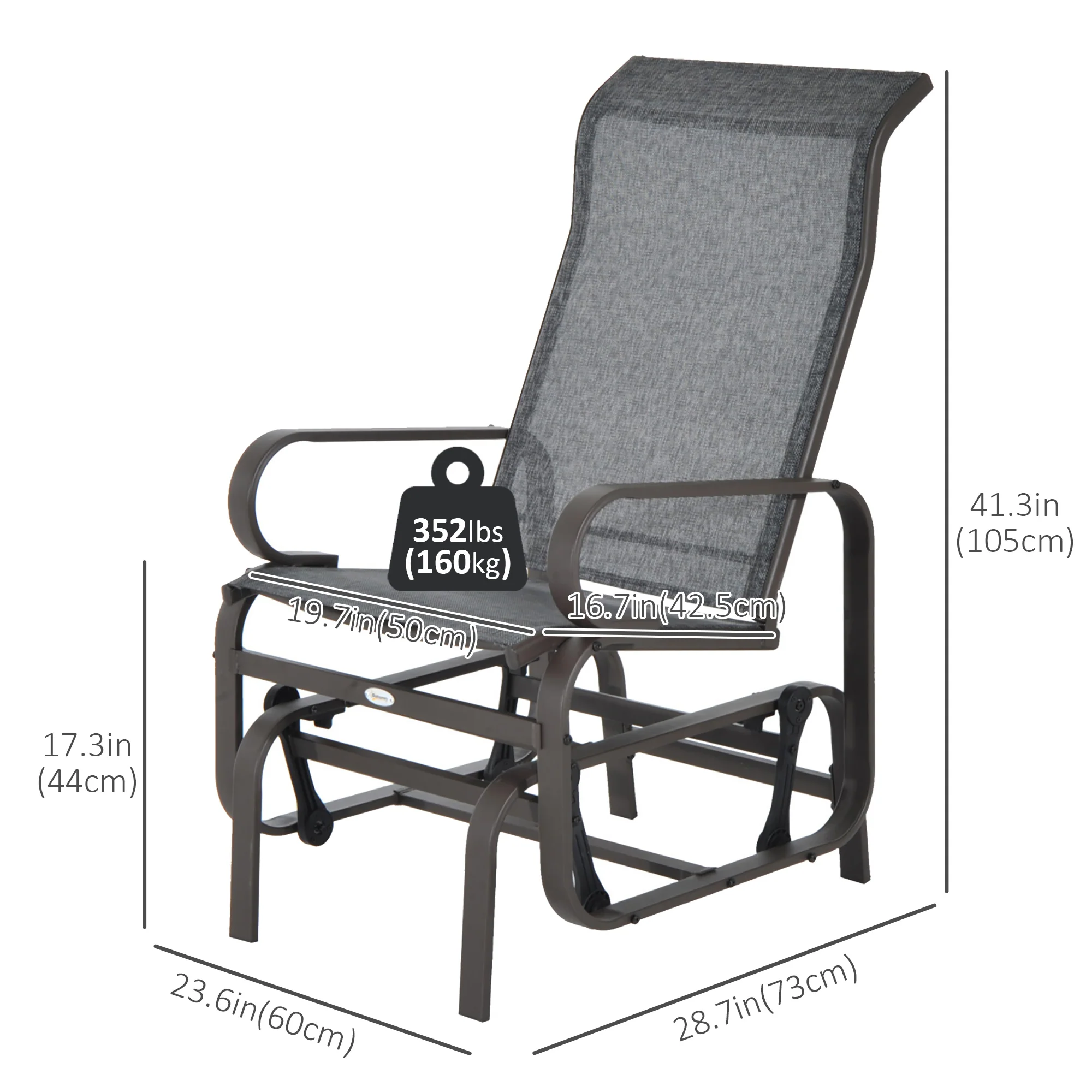 Patio Glider with Breathable Mesh Fabric, Outdoor Garden Rocking Gliding Seat, Grey - Image 5