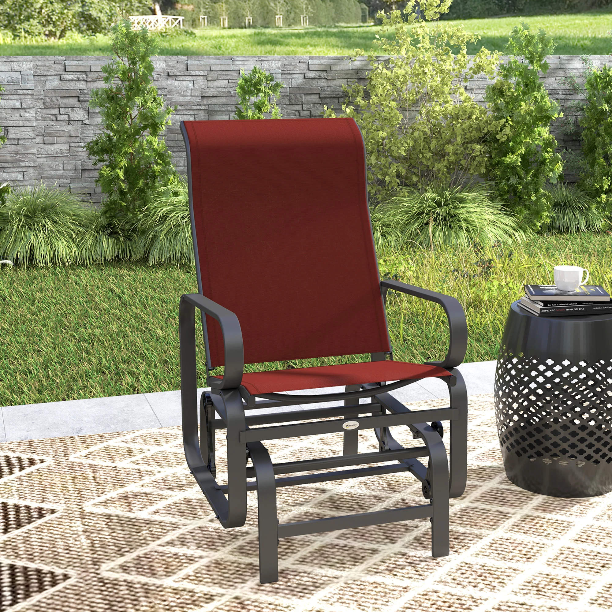 Patio Glider with Breathable Mesh Fabric, Outdoor Garden Rocking Gliding Seat, Wine Red - Image 4