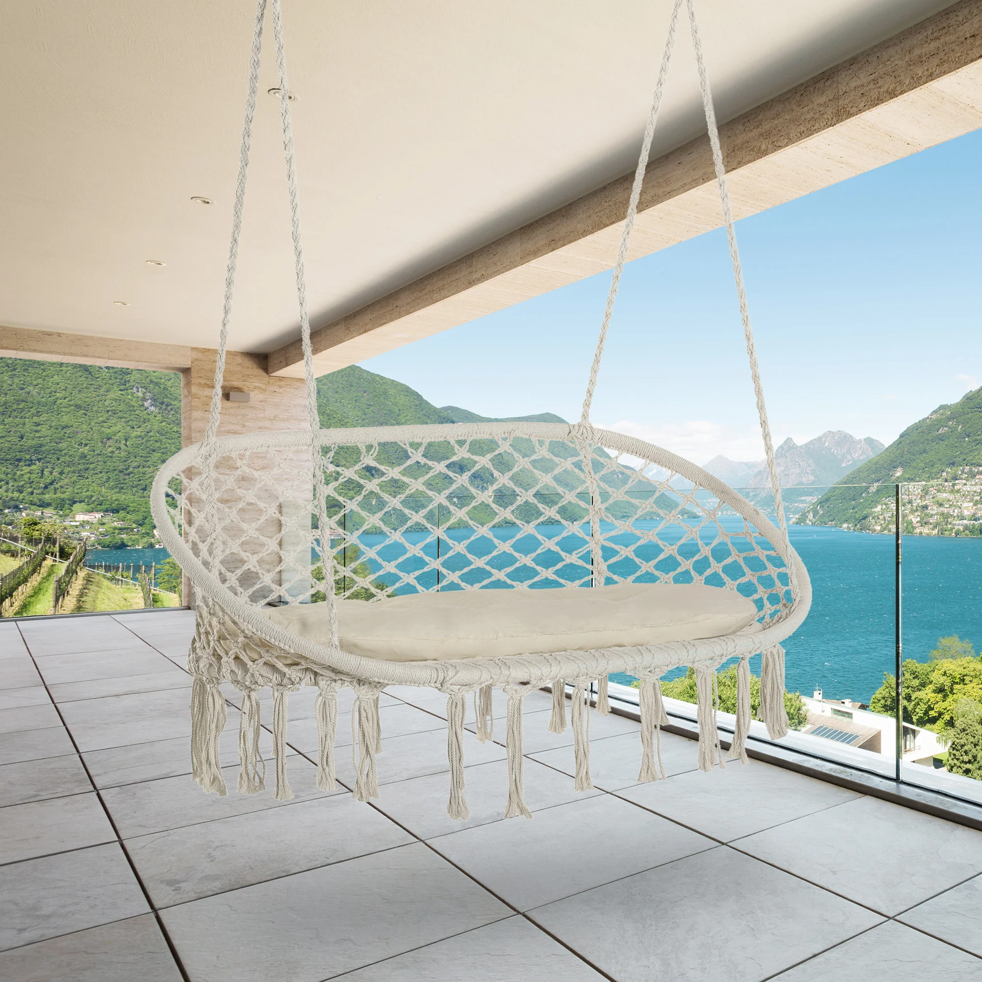 2-Seat Patio Hammock Macrame Chair, Hanging Rope Swing Chair w/ Cushion, Cream White