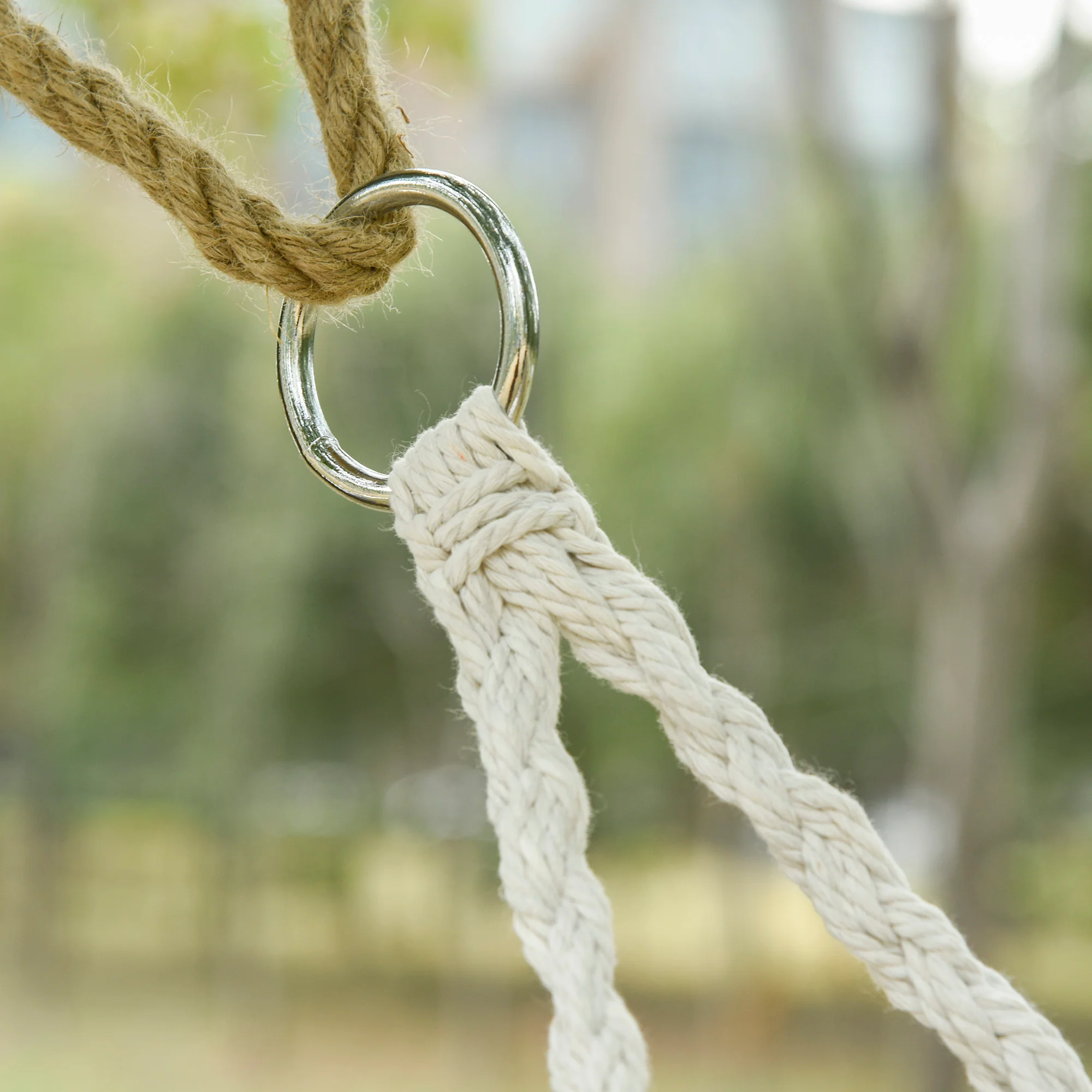 2-Seat Patio Hammock Macrame Chair, Hanging Rope Swing Chair w/ Cushion, Cream White - Image 10