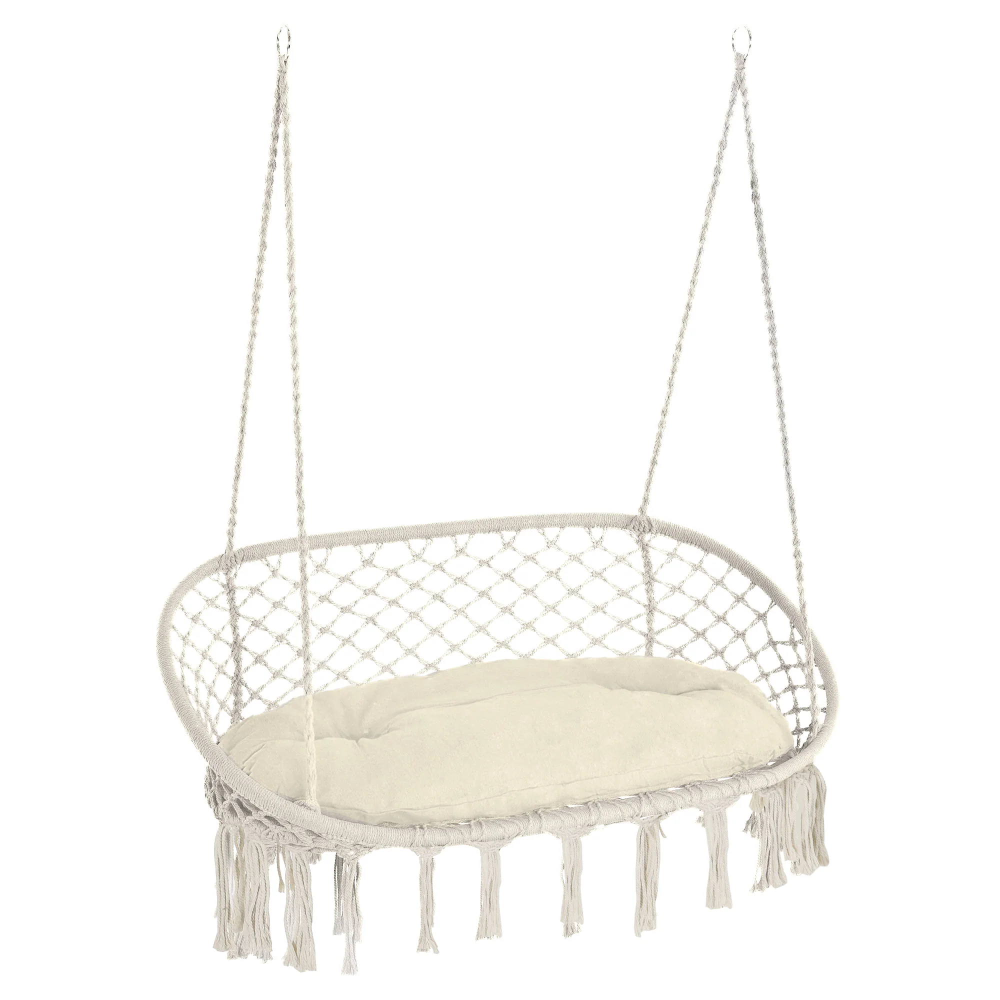2-Seat Patio Hammock Macrame Chair, Hanging Rope Swing Chair w/ Cushion, Cream White - Image 12