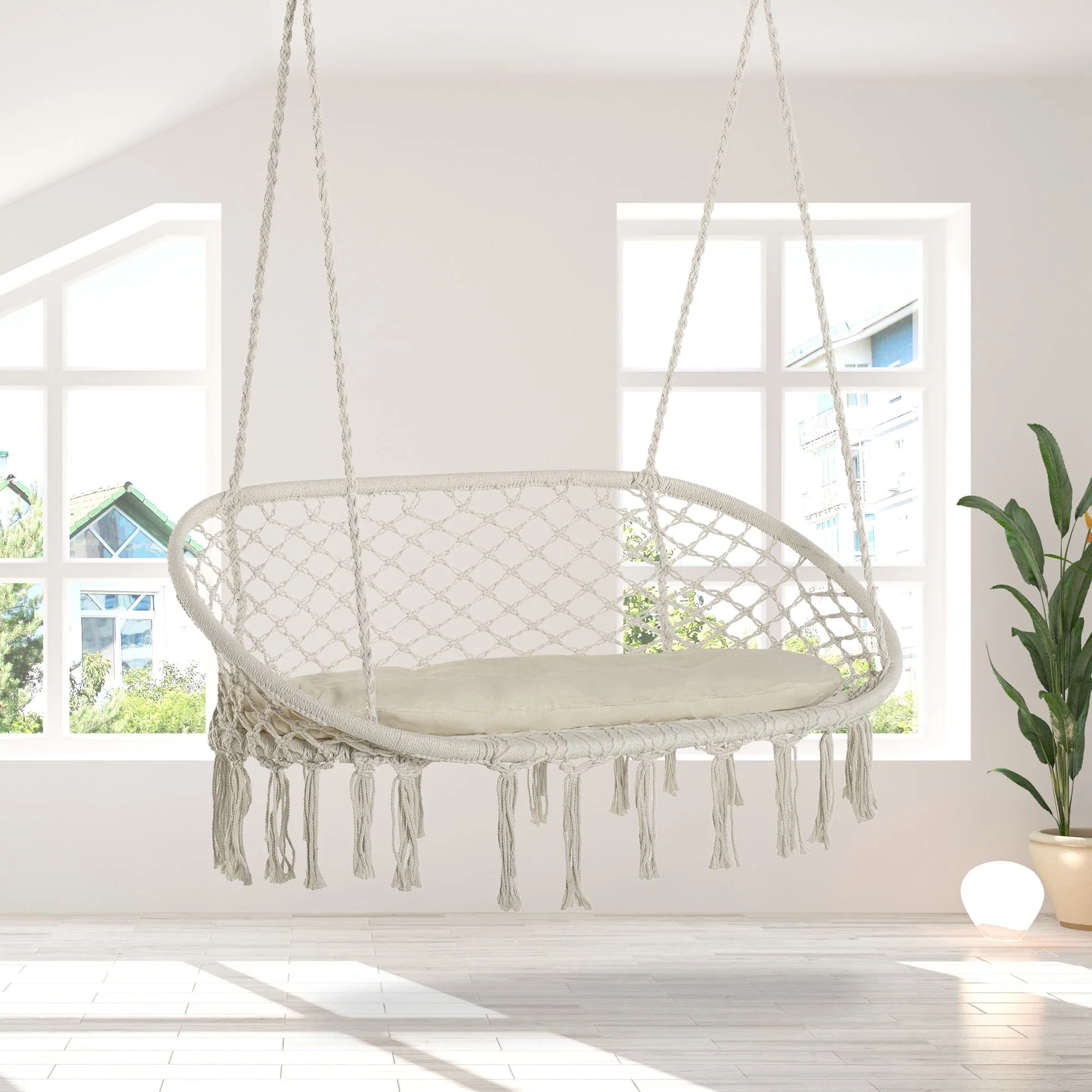 2-Seat Patio Hammock Macrame Chair, Hanging Rope Swing Chair w/ Cushion, Cream White - Image 4
