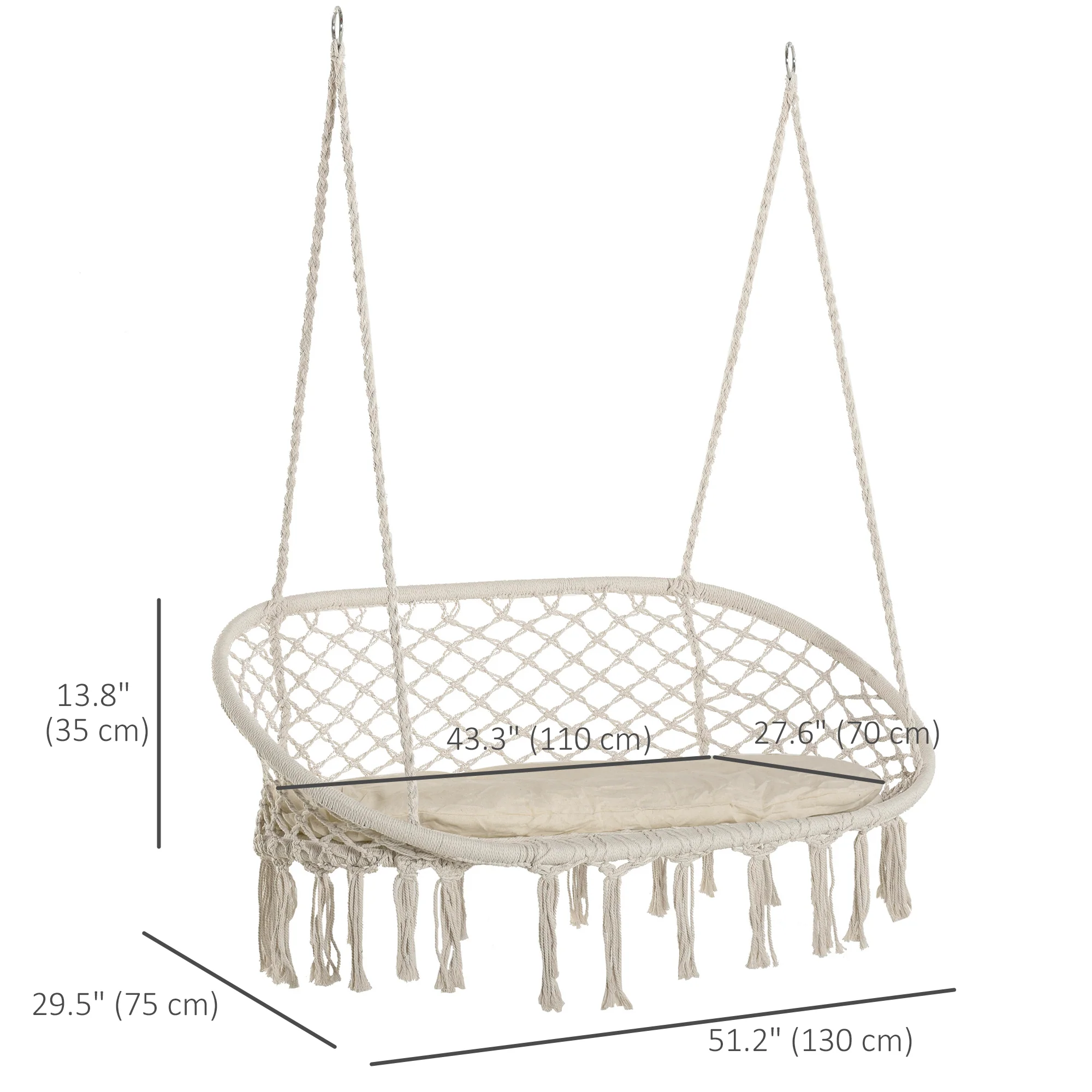 2-Seat Patio Hammock Macrame Chair, Hanging Rope Swing Chair w/ Cushion, Cream White - Image 5