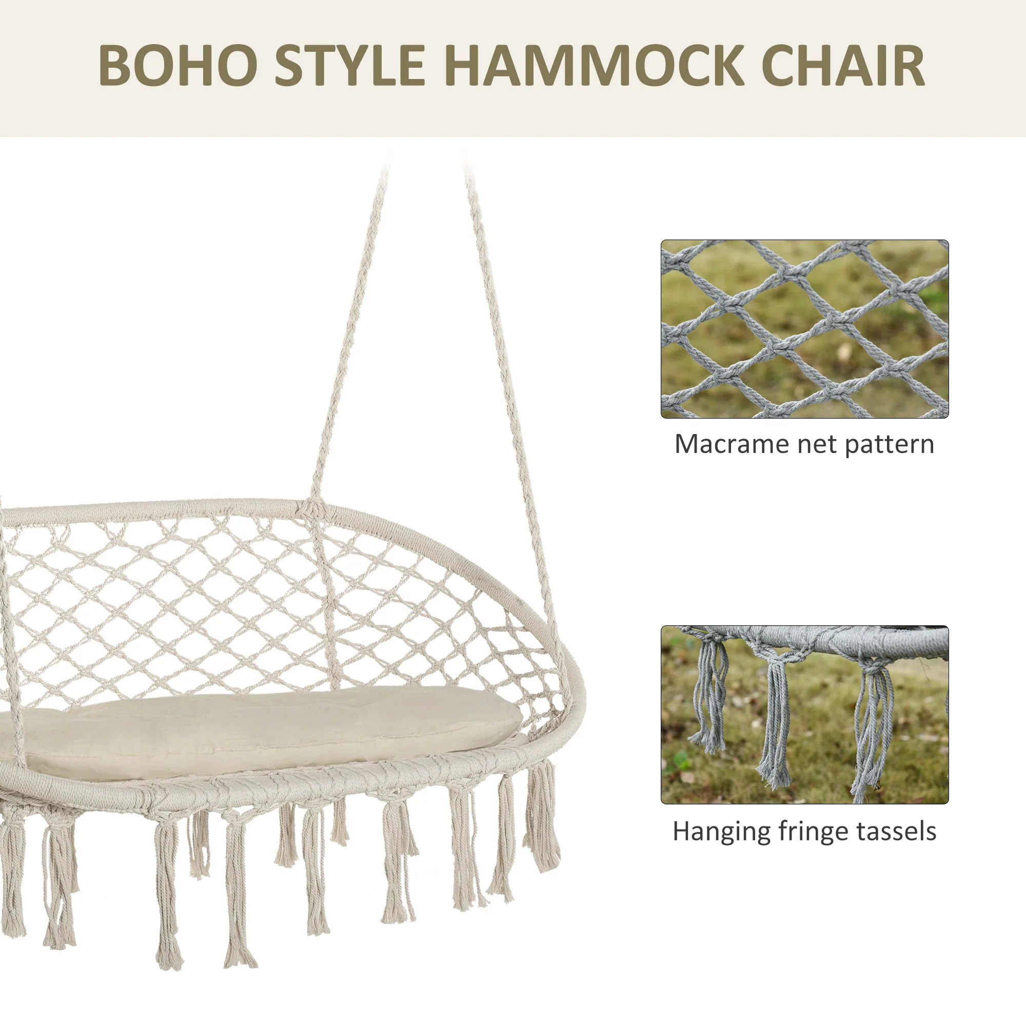 2-Seat Patio Hammock Macrame Chair, Hanging Rope Swing Chair w/ Cushion, Cream White - Image 6