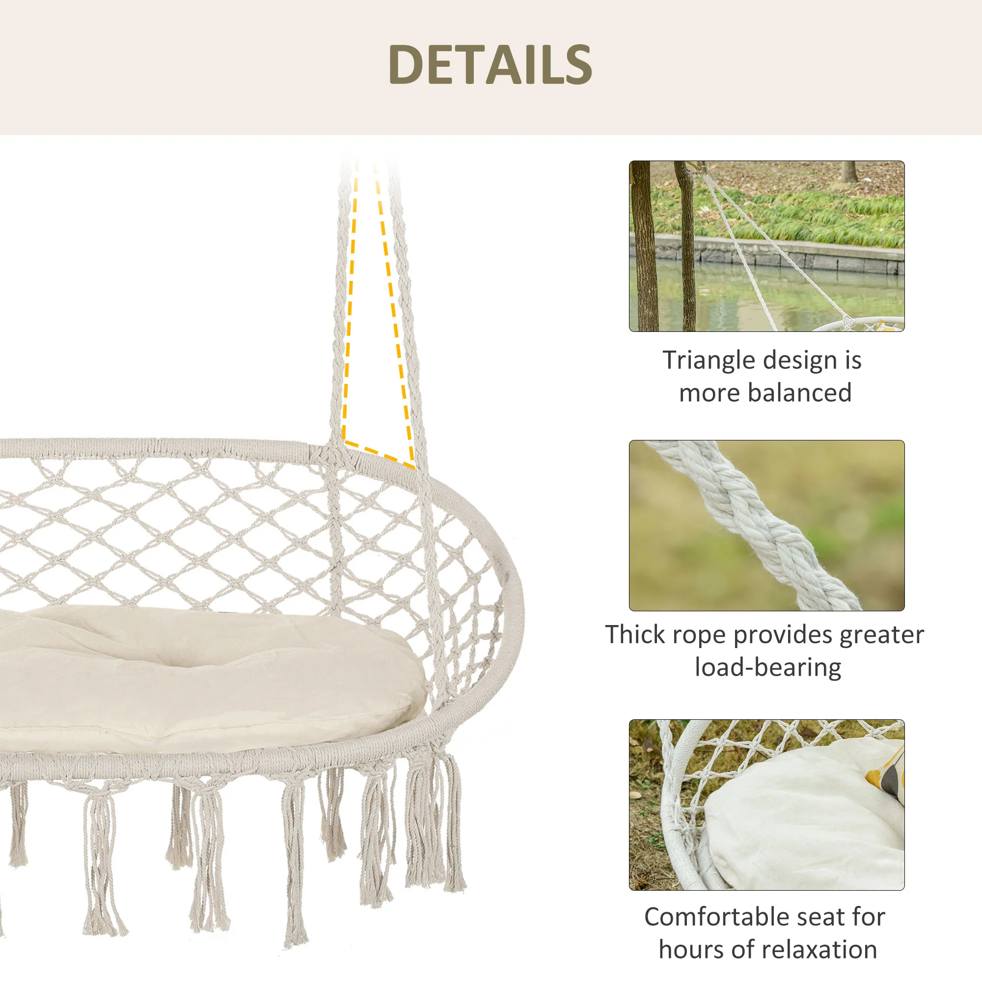 2-Seat Patio Hammock Macrame Chair, Hanging Rope Swing Chair w/ Cushion, Cream White - Image 8