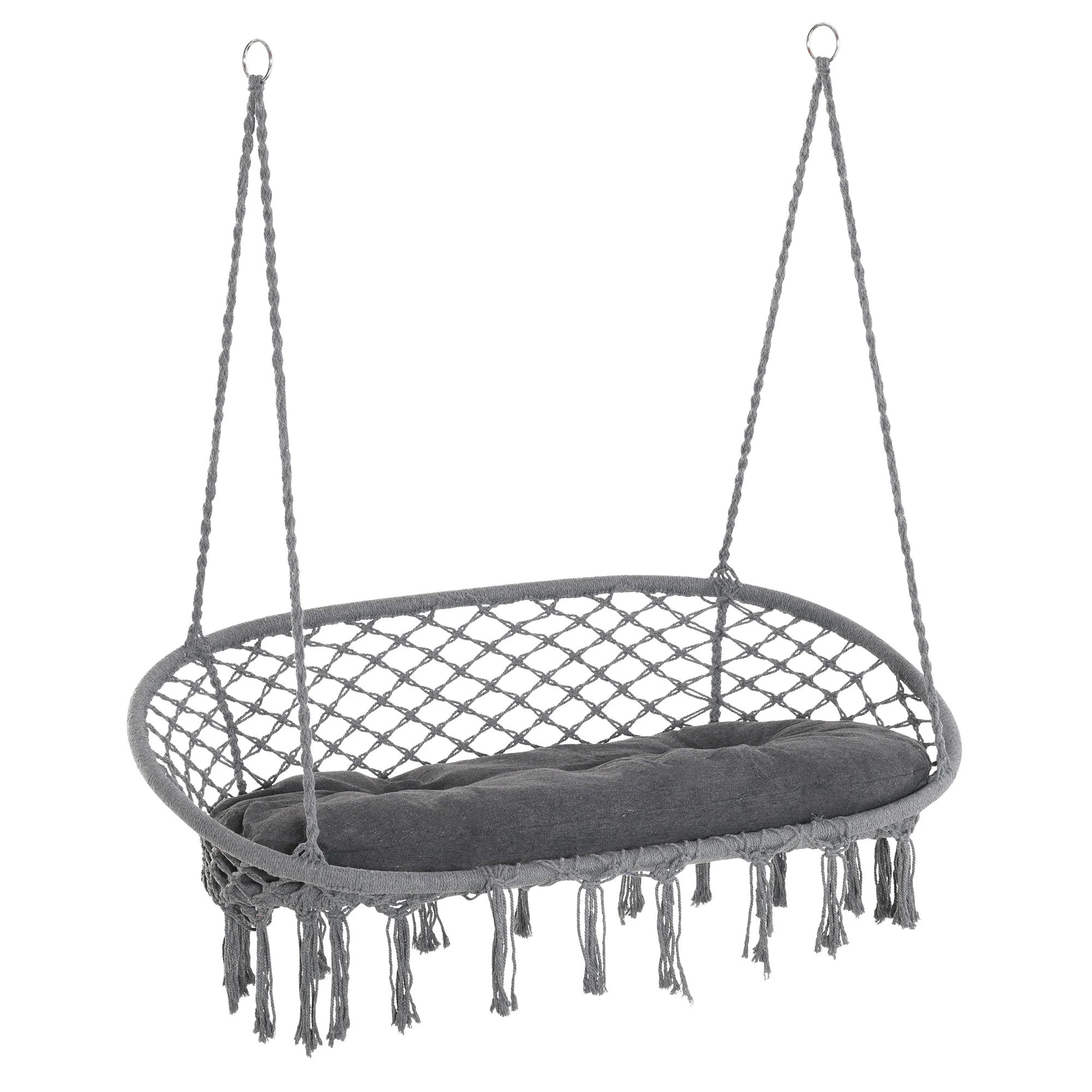 2-Seat Patio Hammock Macrame Chair, Hanging Rope Swing Chair w/ Cushion, Dark Grey - Image 12