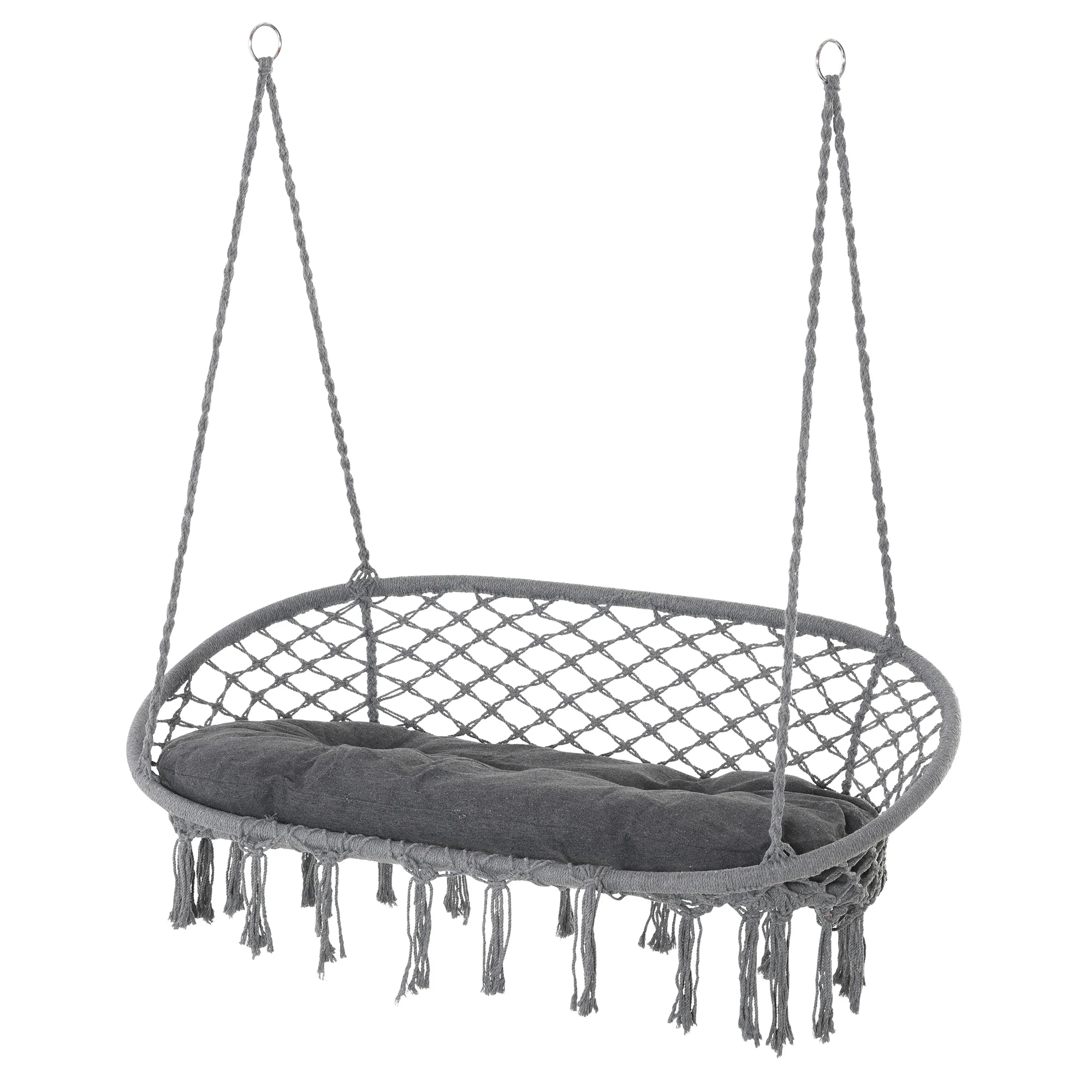 2-Seat Patio Hammock Macrame Chair, Hanging Rope Swing Chair w/ Cushion, Dark Grey - Image 2