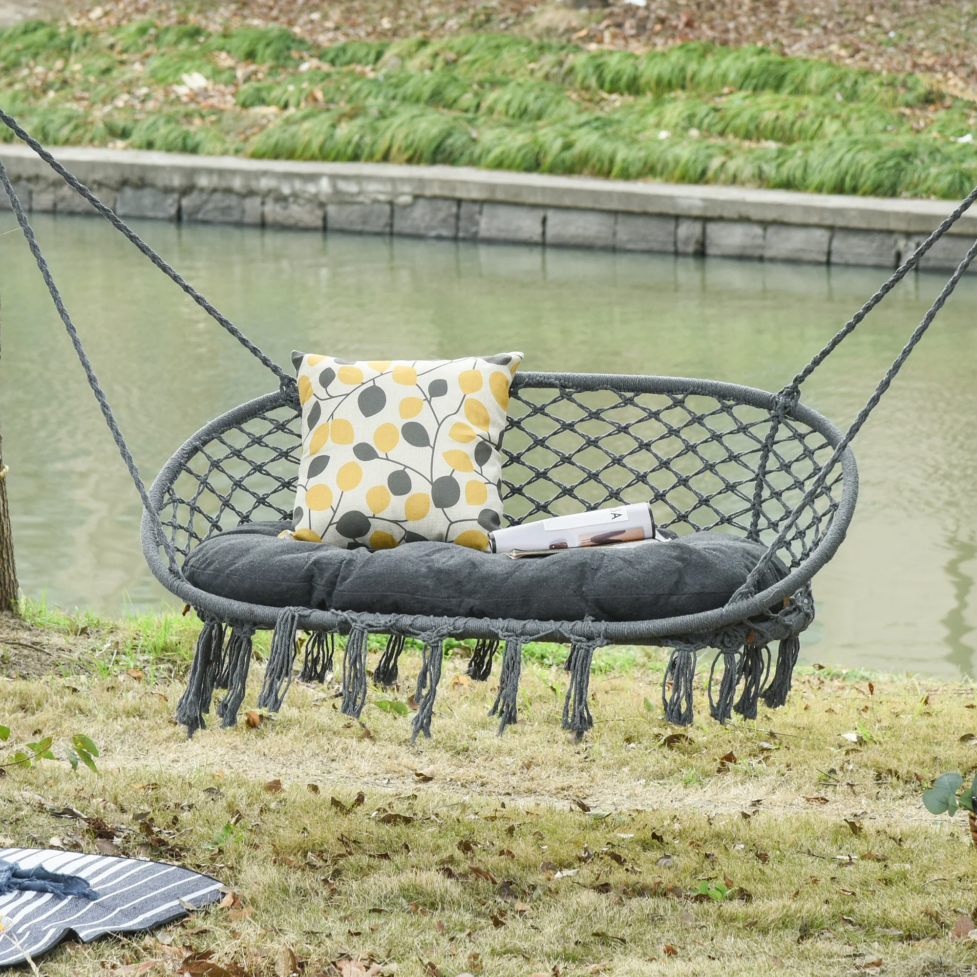 2-Seat Patio Hammock Macrame Chair, Hanging Rope Swing Chair w/ Cushion, Dark Grey - Image 3