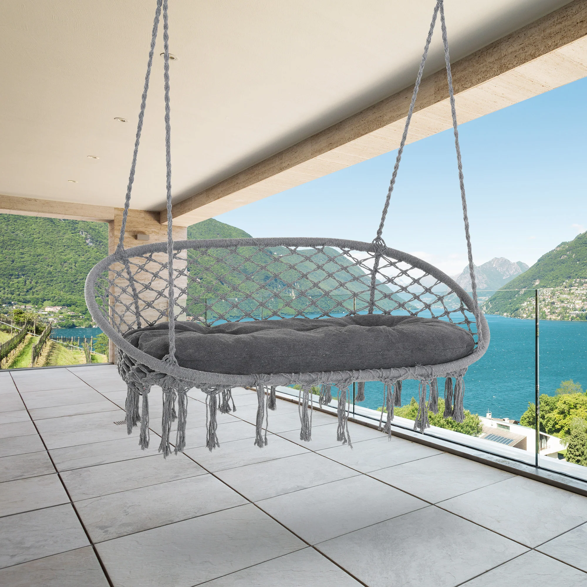 2-Seat Patio Hammock Macrame Chair, Hanging Rope Swing Chair w/ Cushion, Dark Grey - Image 4