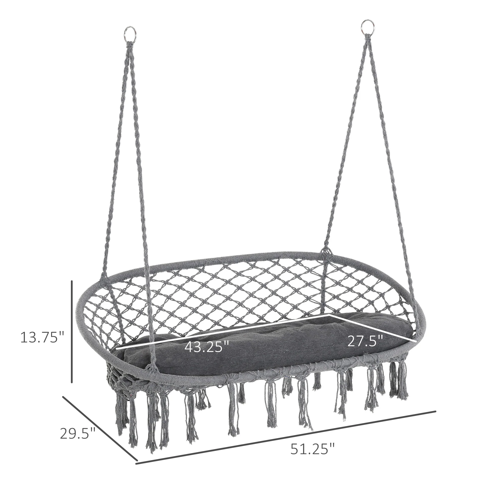 2-Seat Patio Hammock Macrame Chair, Hanging Rope Swing Chair w/ Cushion, Dark Grey - Image 5
