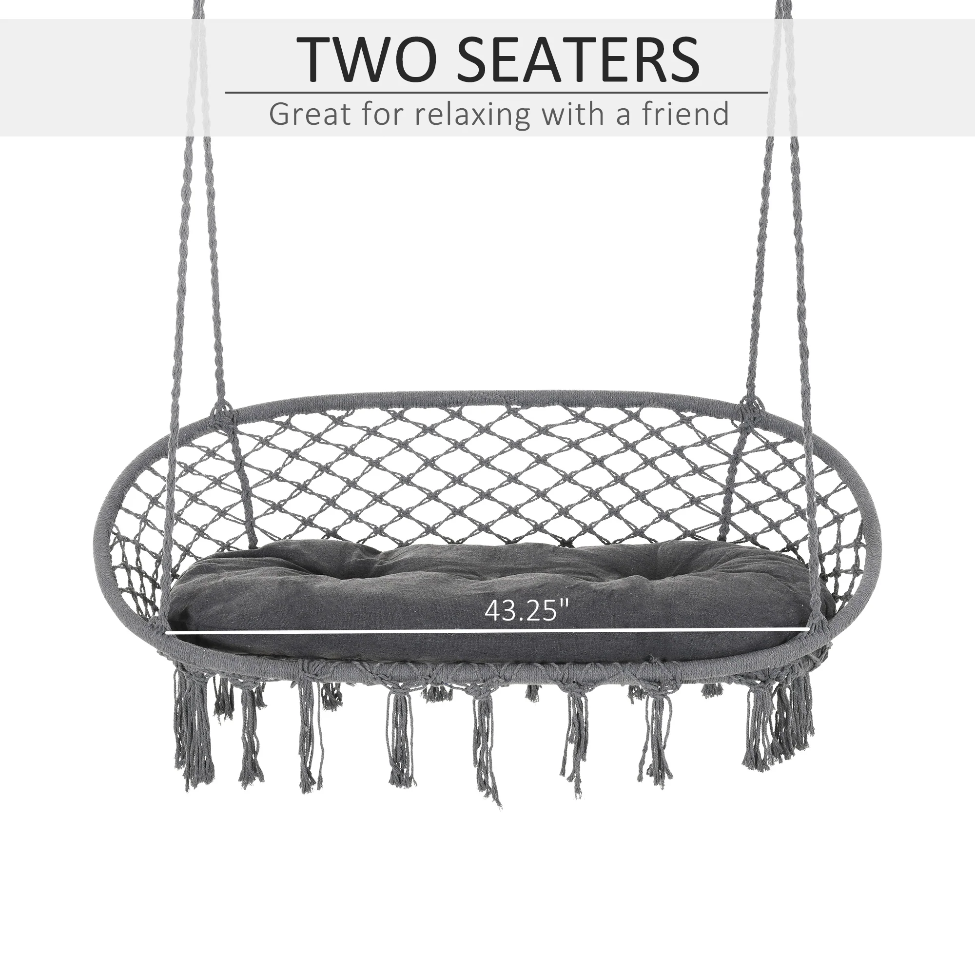 2-Seat Patio Hammock Macrame Chair, Hanging Rope Swing Chair w/ Cushion, Dark Grey - Image 6