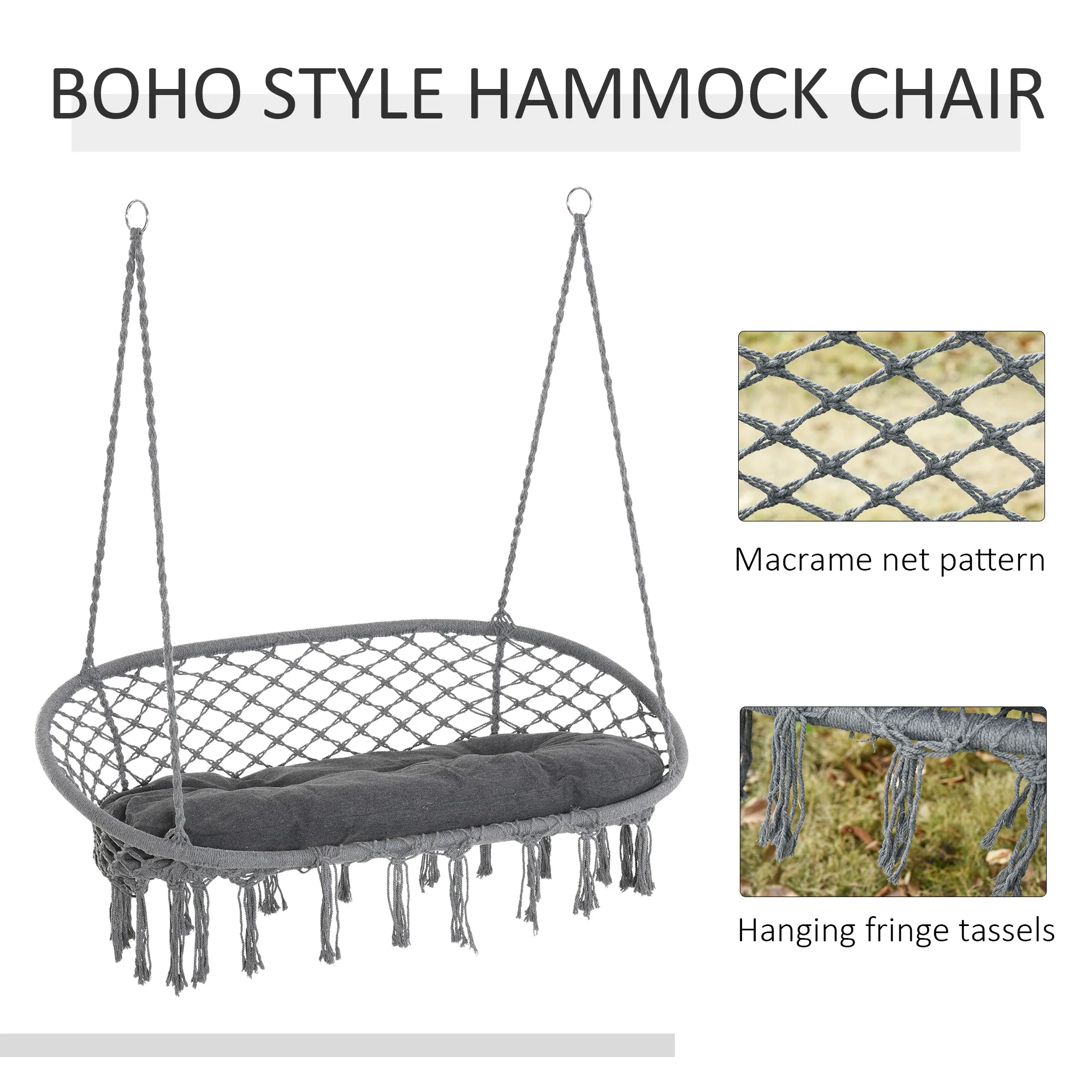 2-Seat Patio Hammock Macrame Chair, Hanging Rope Swing Chair w/ Cushion, Dark Grey - Image 7