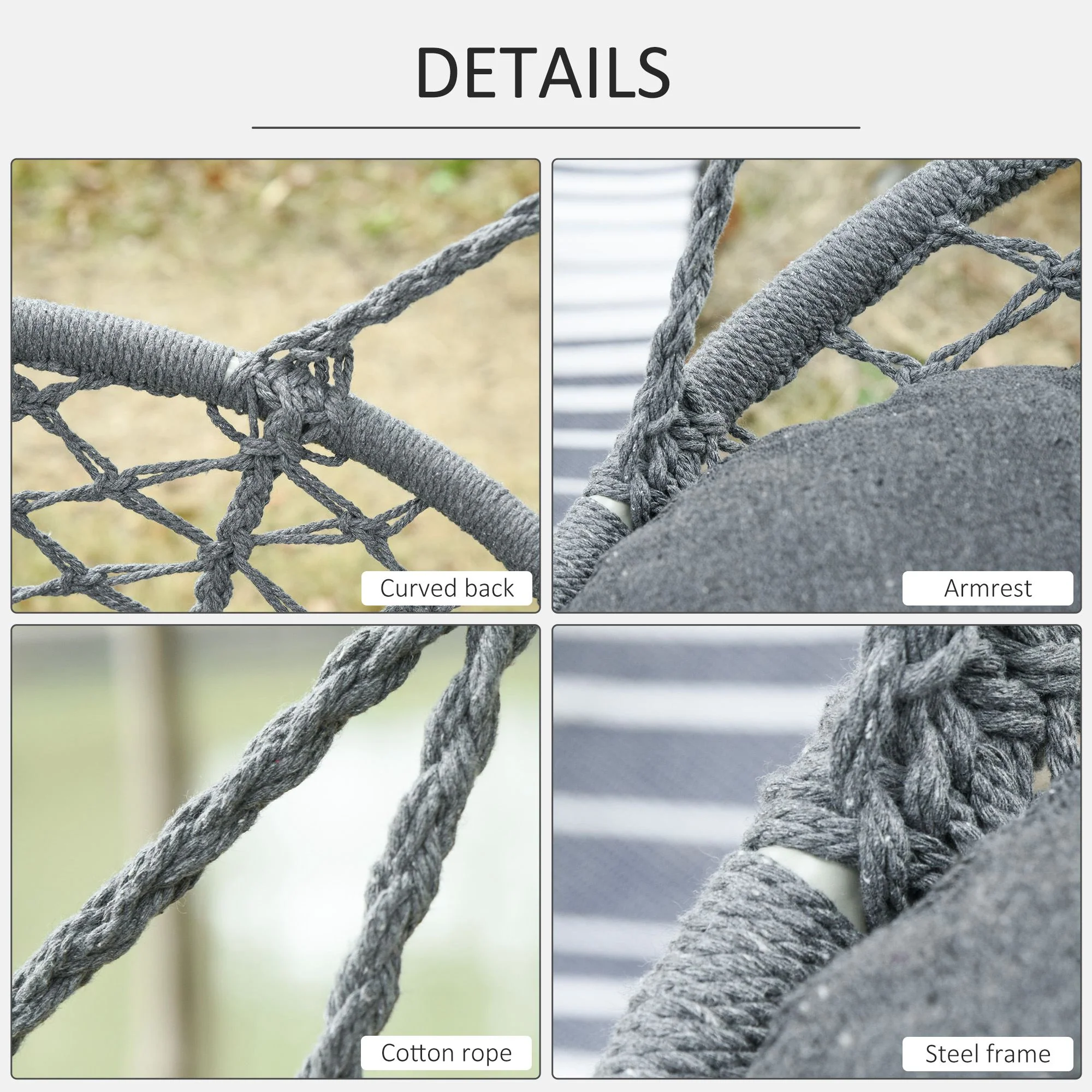 2-Seat Patio Hammock Macrame Chair, Hanging Rope Swing Chair w/ Cushion, Dark Grey - Image 8