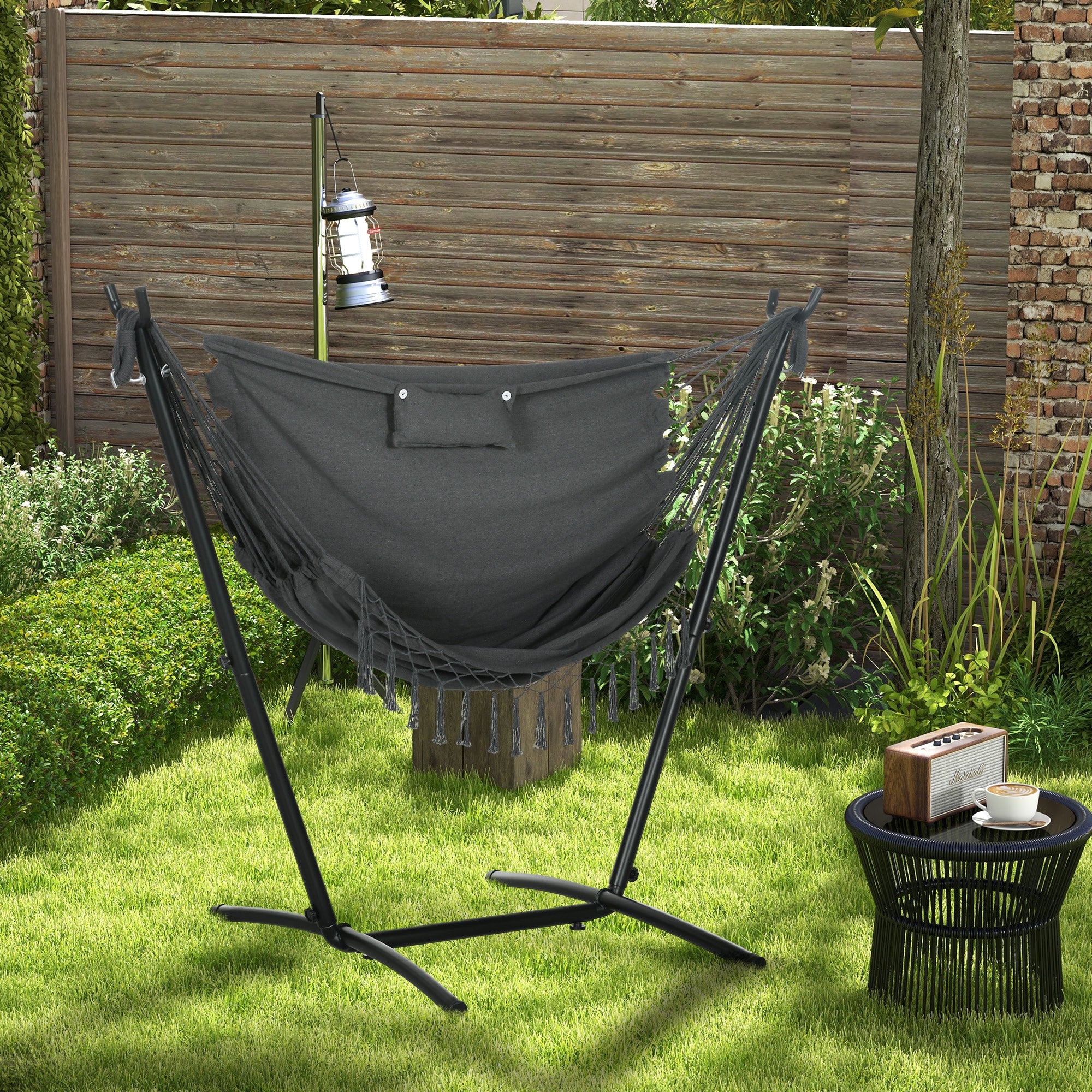 Patio Hammock Chair with Stand, Headrest and Side Pocket, Dark Grey - Image 3