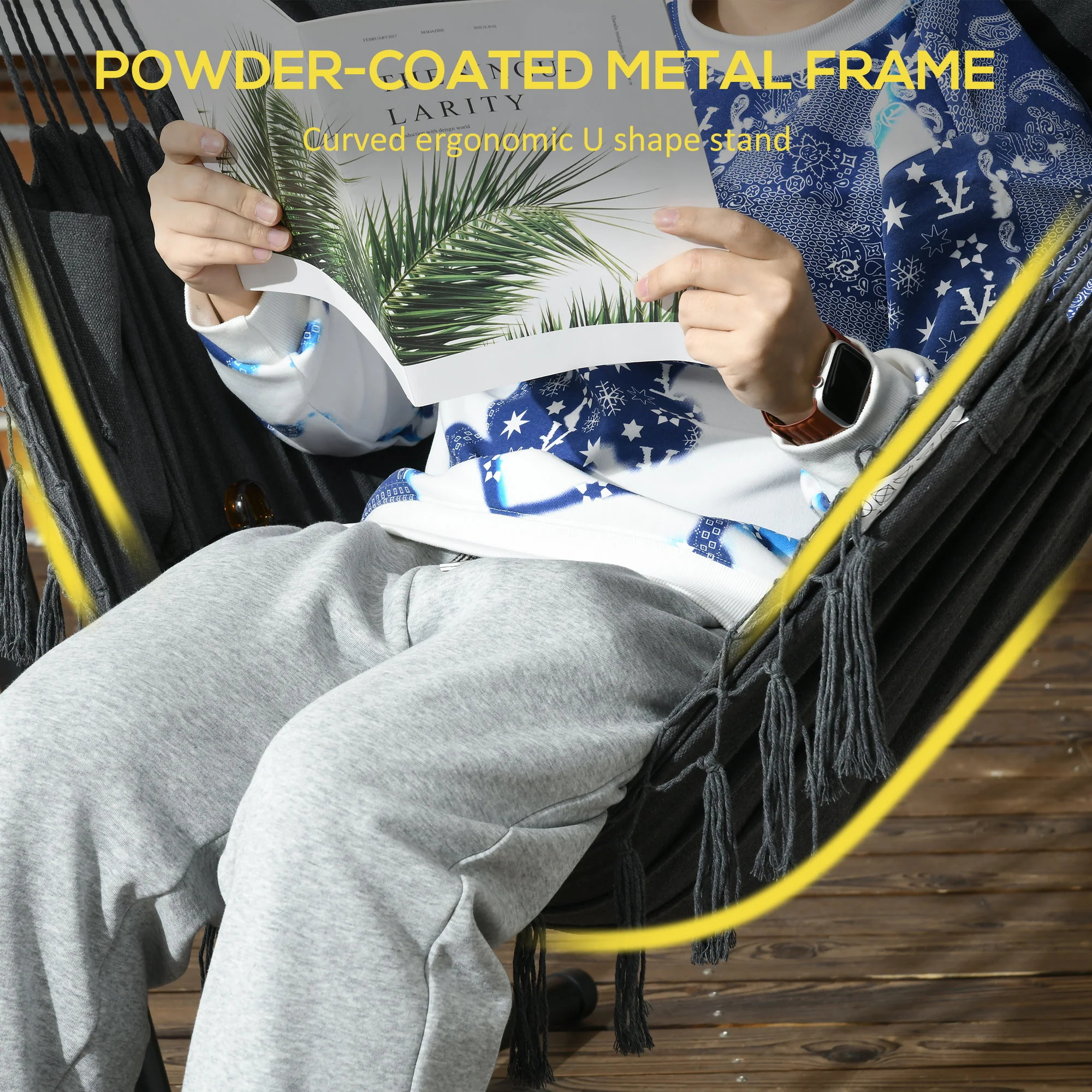 Patio Hammock Chair with Stand, Headrest and Side Pocket, Dark Grey - Image 6