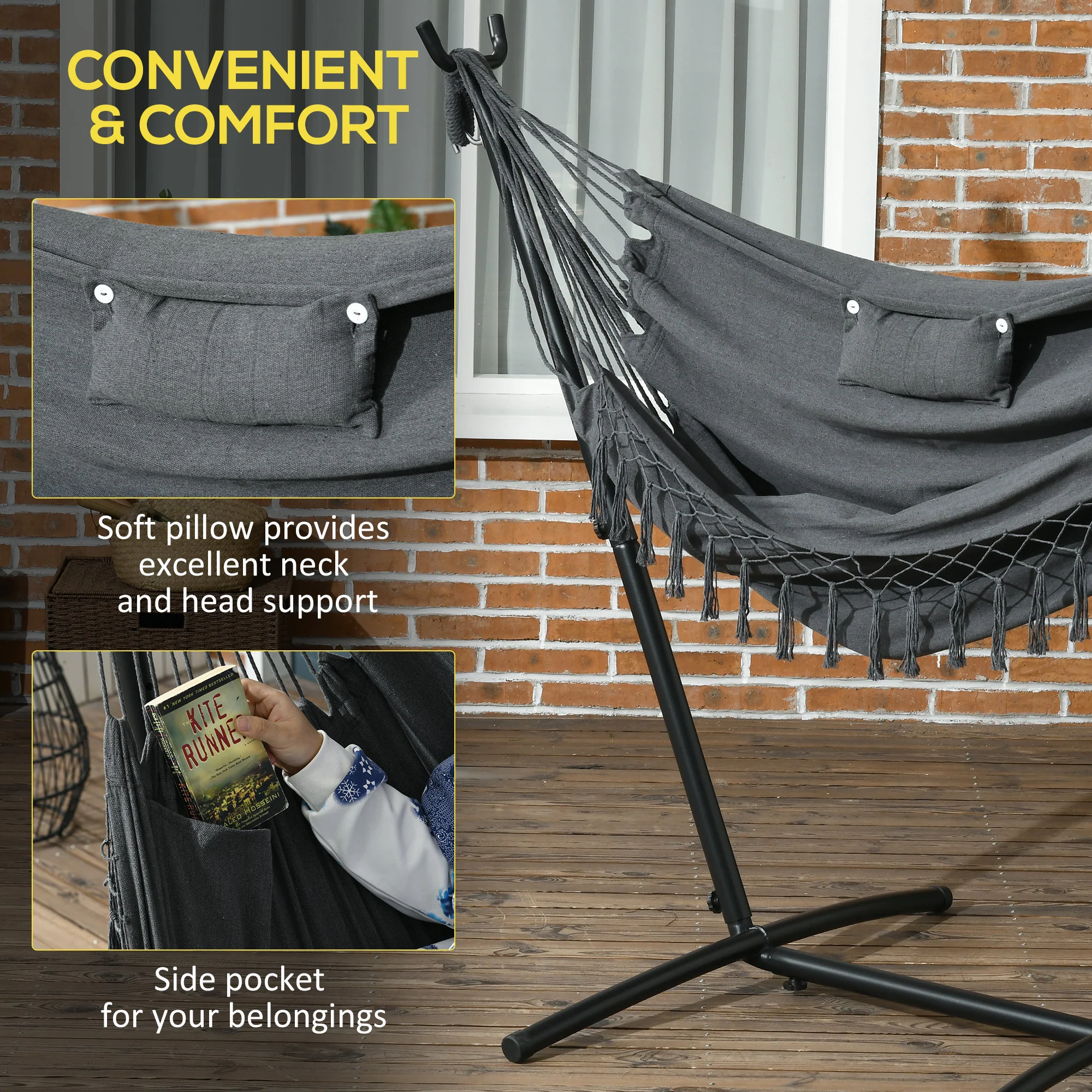 Patio Hammock Chair with Stand, Headrest and Side Pocket, Dark Grey - Image 7