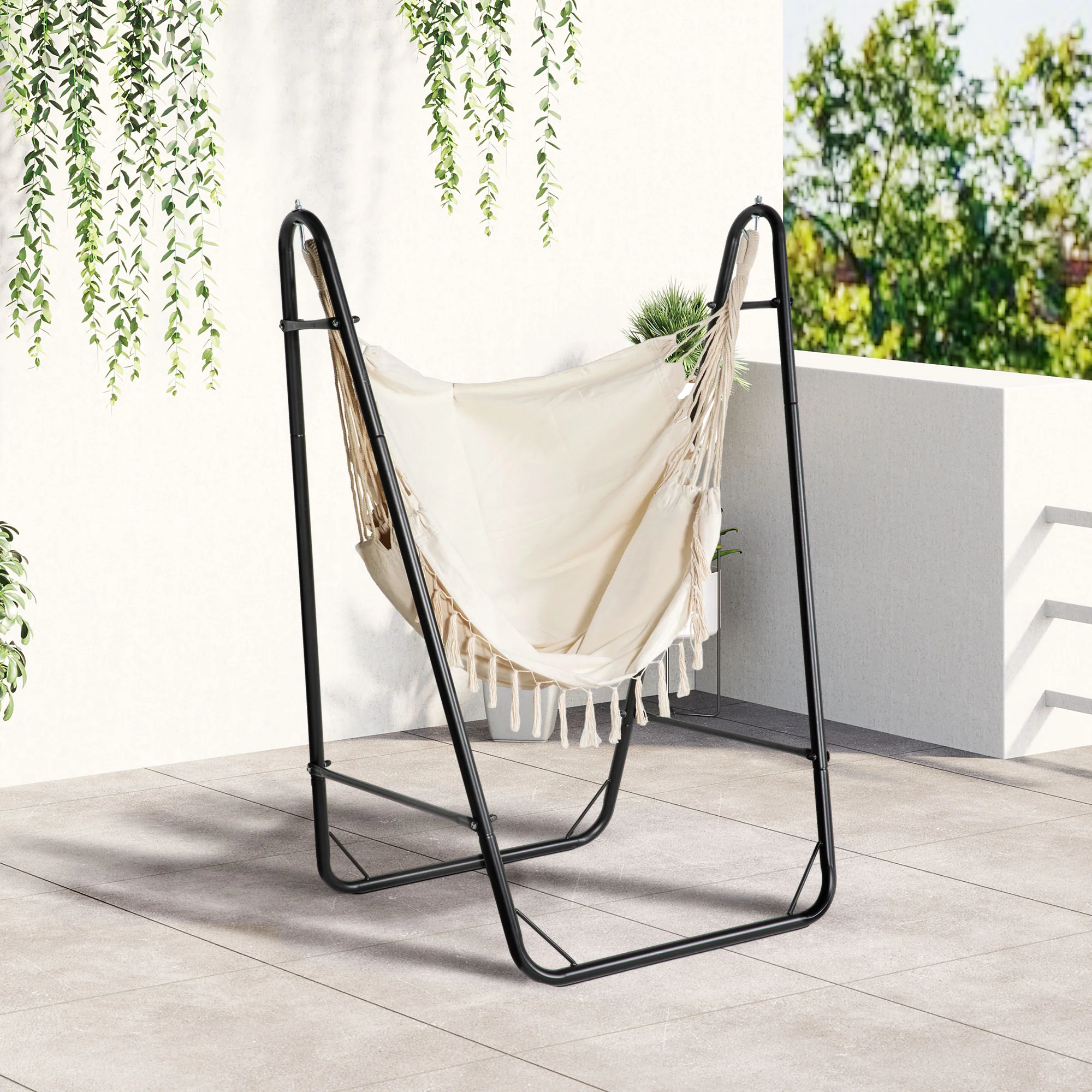Hammock Chair with U Shape Stand, Hammock Swing Chair with A Side Pocket, Cream White - Image 3