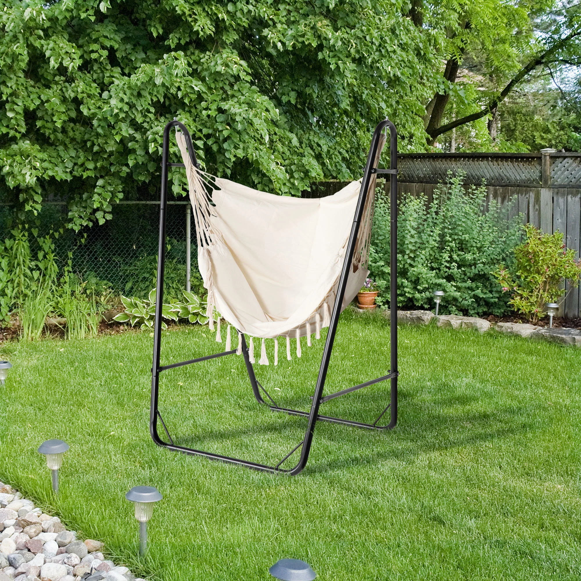 Hammock Chair with U Shape Stand, Hammock Swing Chair with A Side Pocket, Cream White - Image 4