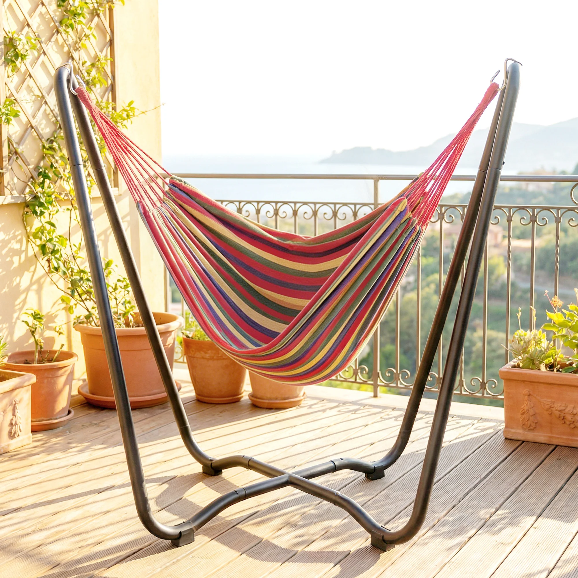 Fabric Patio Hammock with Steel Stand, Free-Standing Lounge Bed, Multi-Colored - Image 10