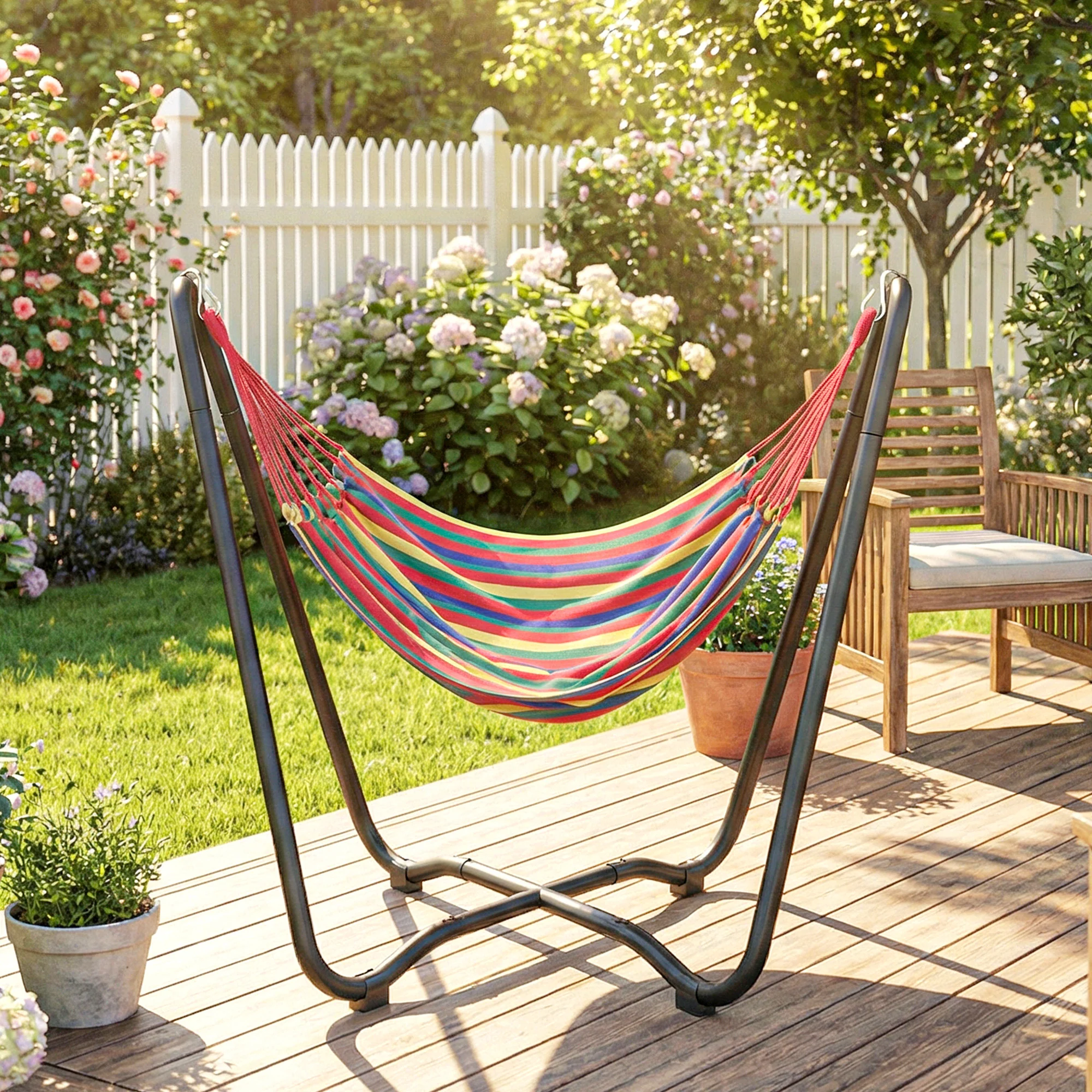 Fabric Patio Hammock with Steel Stand, Free-Standing Lounge Bed, Multi-Colored - Image 11