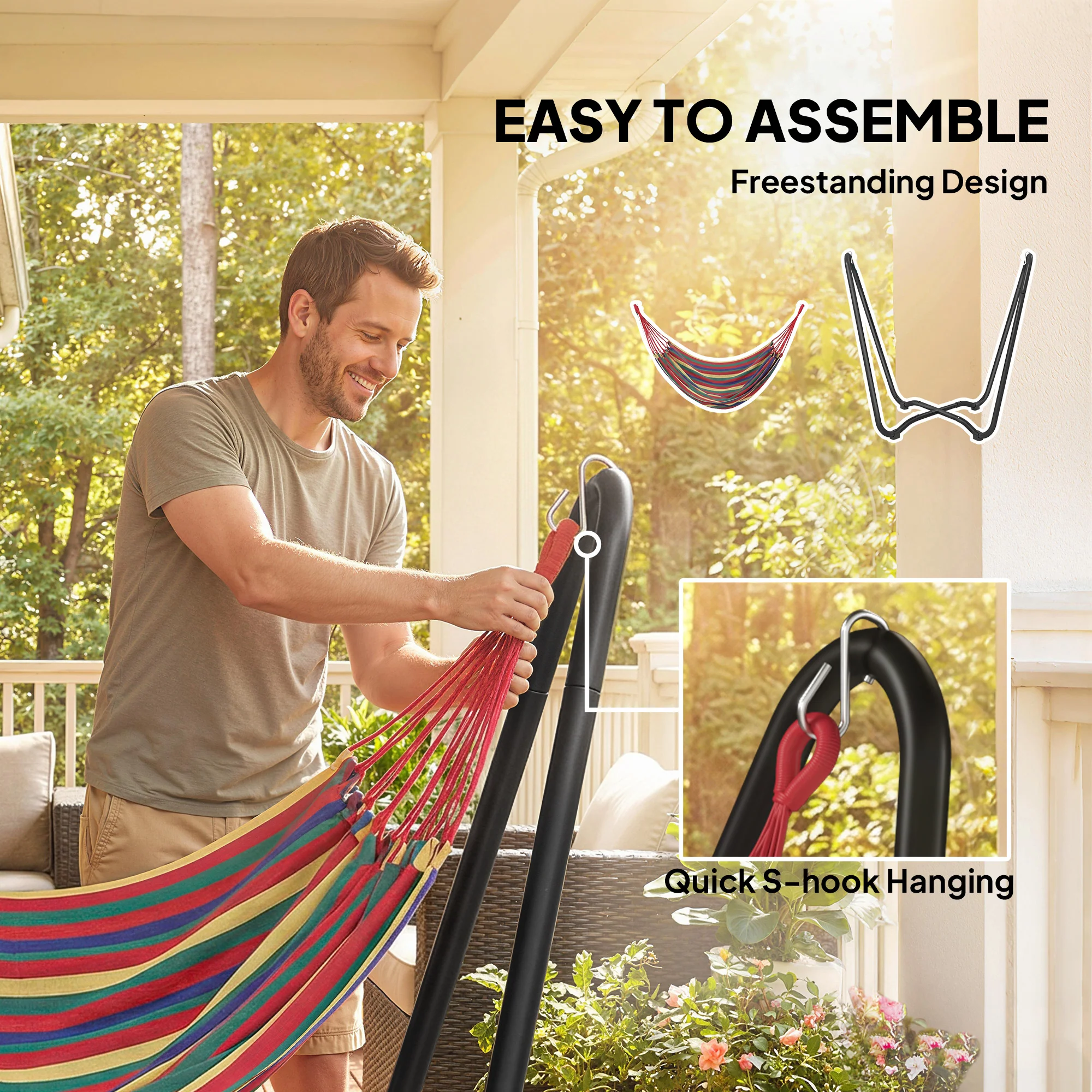 Fabric Patio Hammock with Steel Stand, Free-Standing Lounge Bed, Multi-Colored - Image 6