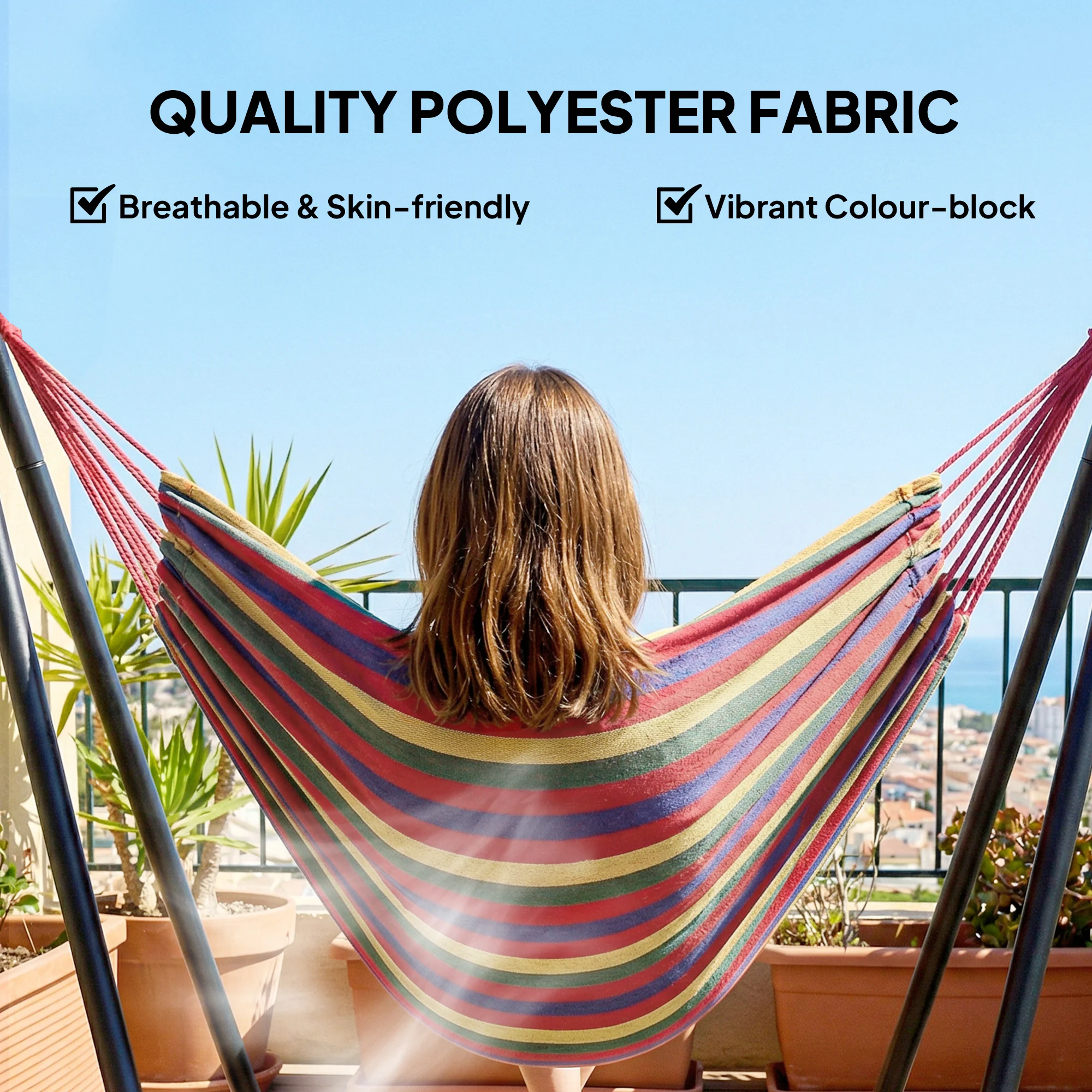 Fabric Patio Hammock with Steel Stand, Free-Standing Lounge Bed, Multi-Colored - Image 7