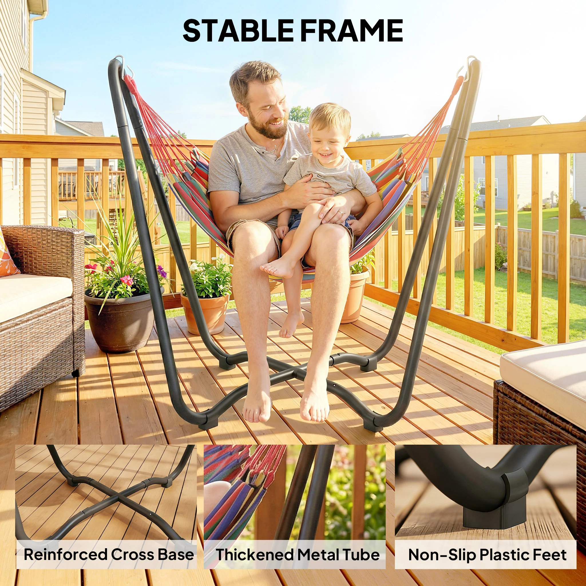 Fabric Patio Hammock with Steel Stand, Free-Standing Lounge Bed, Multi-Colored - Image 8