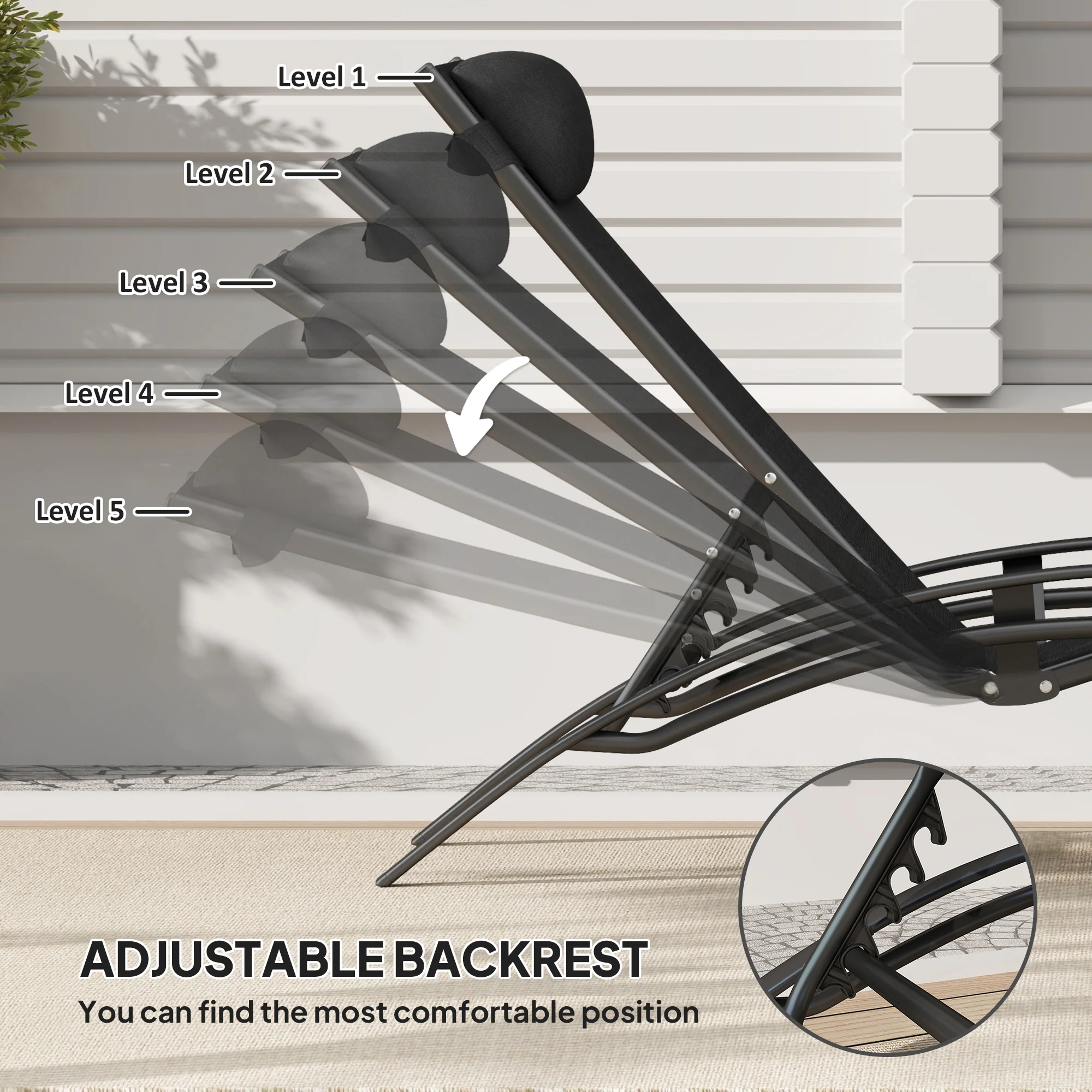 Aluminum Reclining Outdoor Tanning Lounge Chair with 5-Level Adjustable Backrest, Black - Image 6