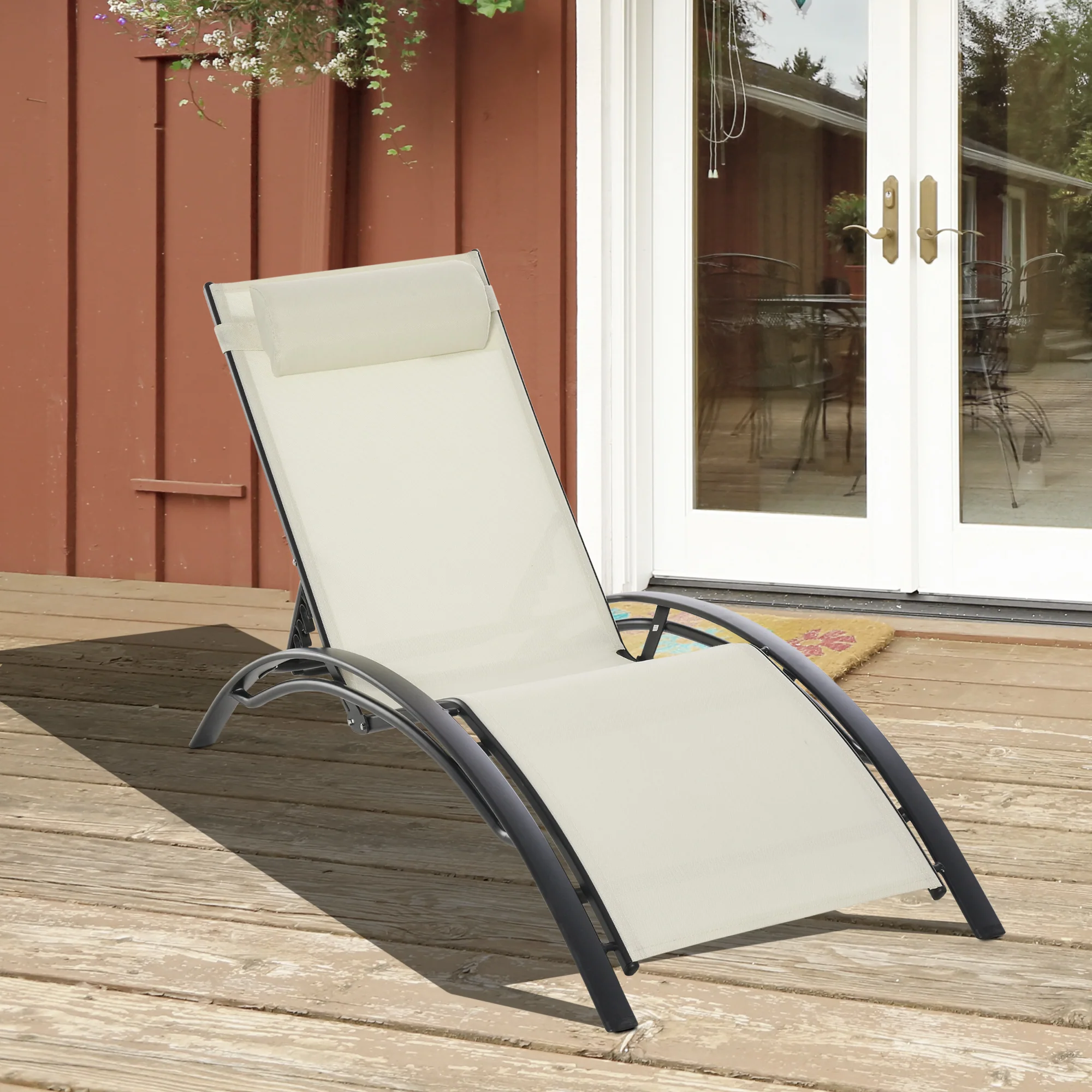 Aluminum Reclining Outdoor Tanning Lounge Chair with 5-Level Adjustable Backrest, Beige - Image 3