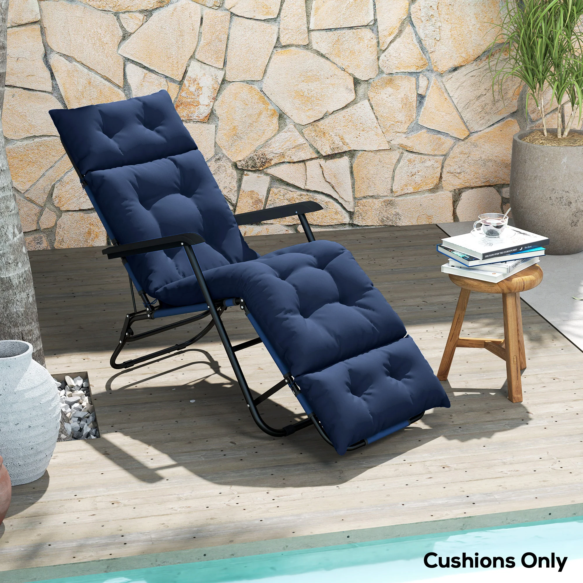 Tufted 74.8" x 22" x 4" Outdoor Chaise Lounge Cushion with Ties, Navy Blue - Image 10