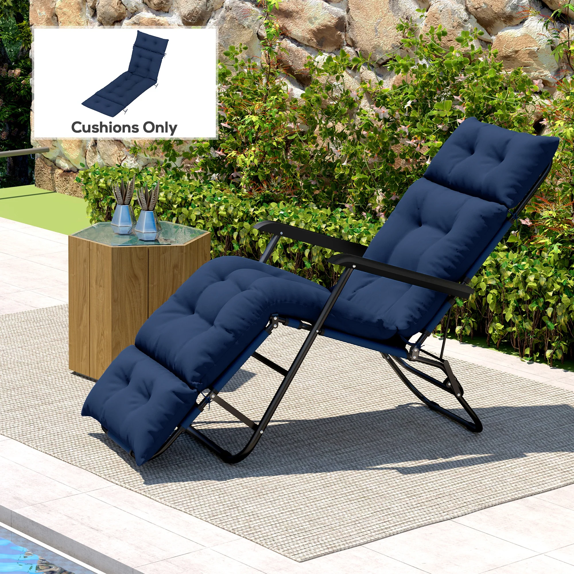 Tufted 74.8" x 22" x 4" Outdoor Chaise Lounge Cushion with Ties, Navy Blue - Image 3