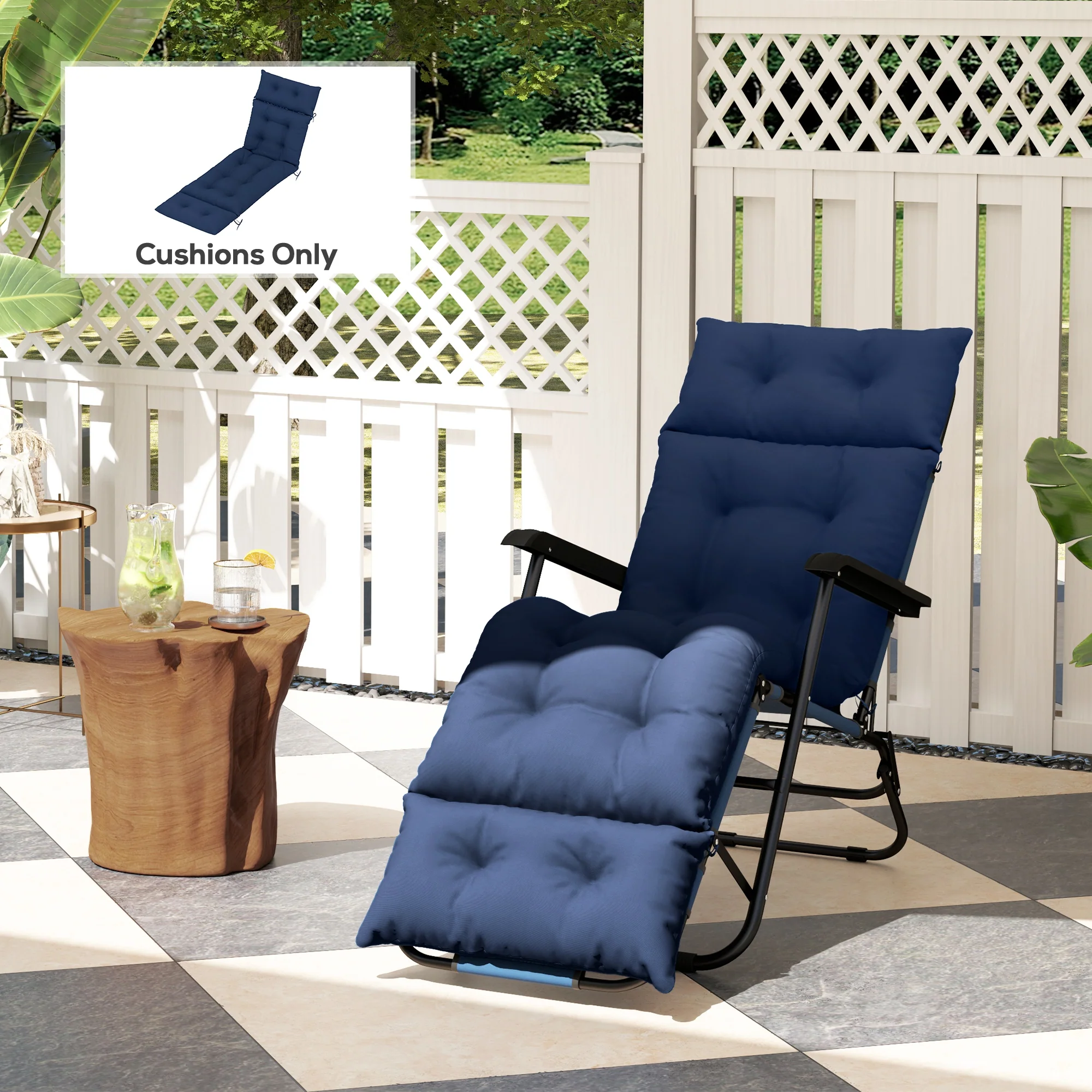 Tufted 74.8" x 22" x 4" Outdoor Chaise Lounge Cushion with Ties, Navy Blue - Image 4