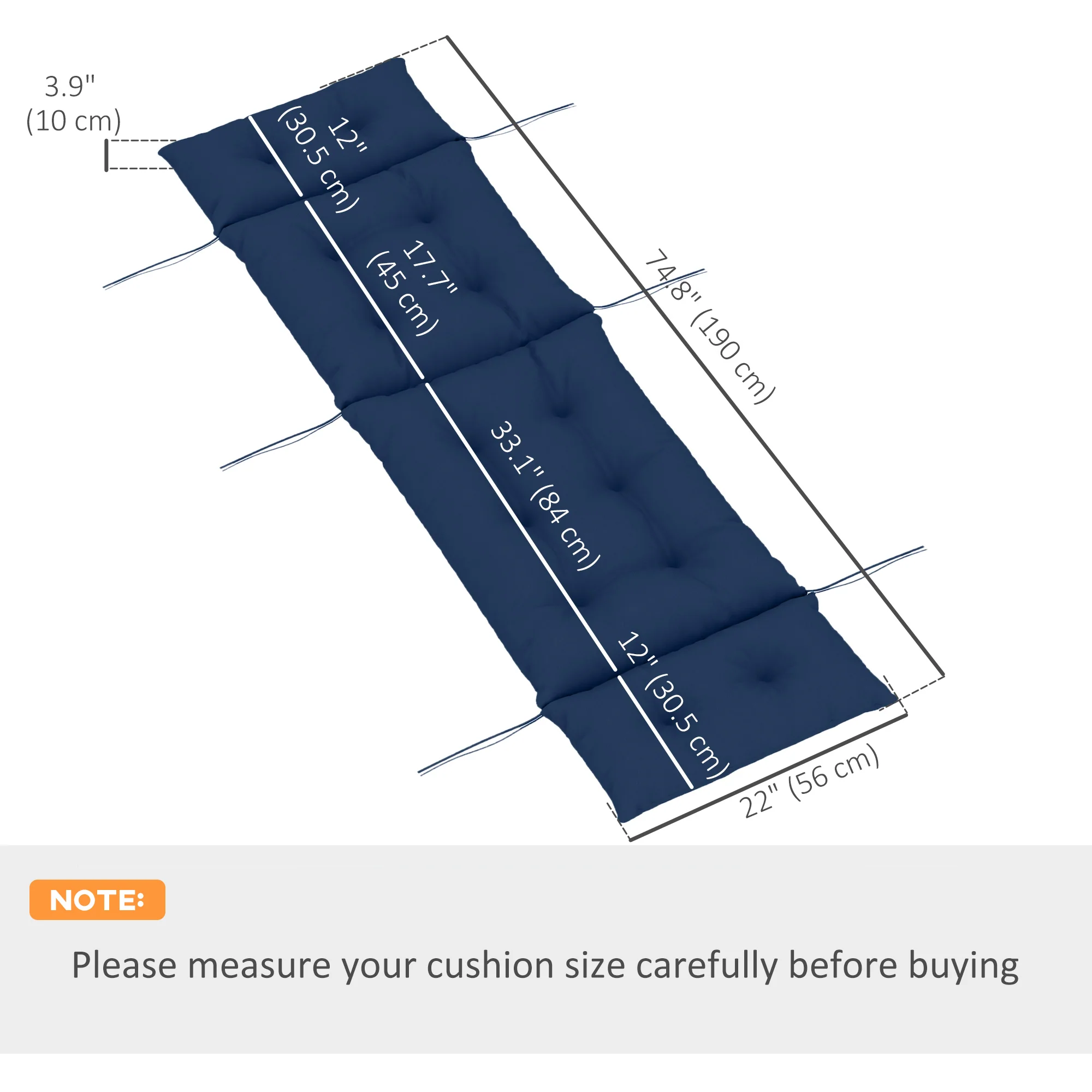 Tufted 74.8" x 22" x 4" Outdoor Chaise Lounge Cushion with Ties, Navy Blue - Image 5