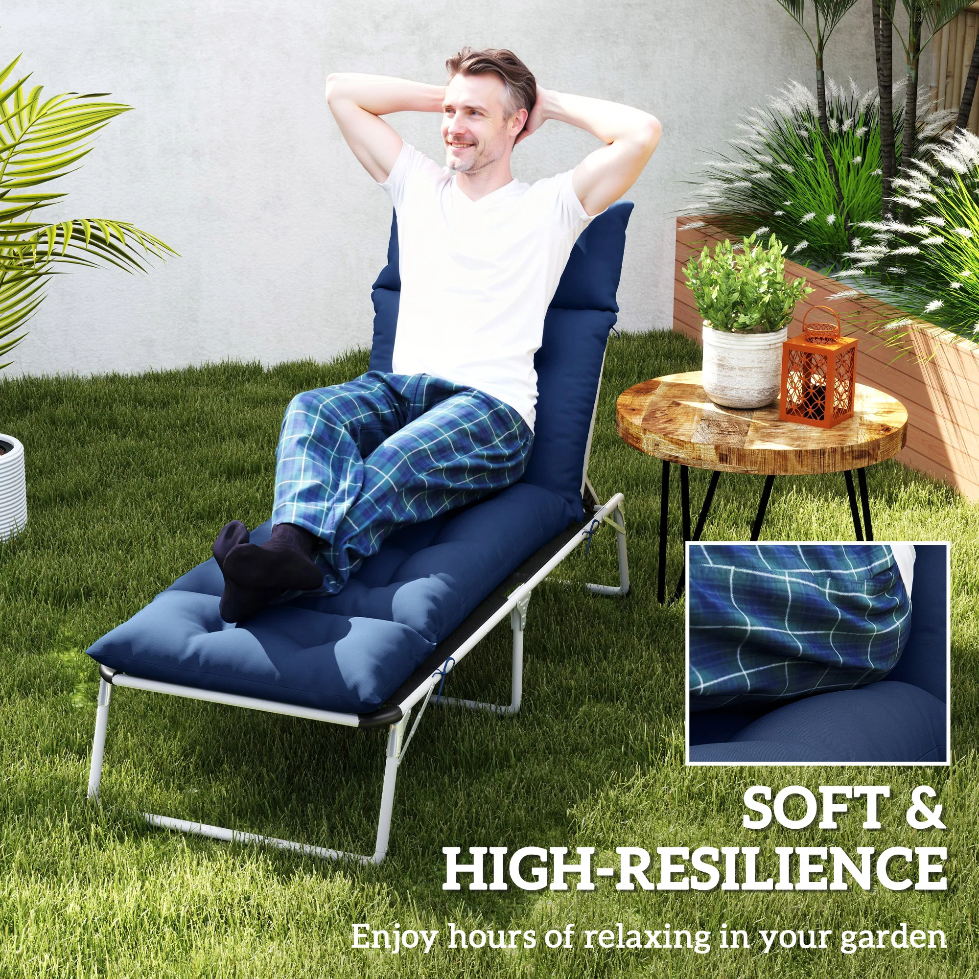 Tufted 74.8" x 22" x 4" Outdoor Chaise Lounge Cushion with Ties, Navy Blue - Image 7