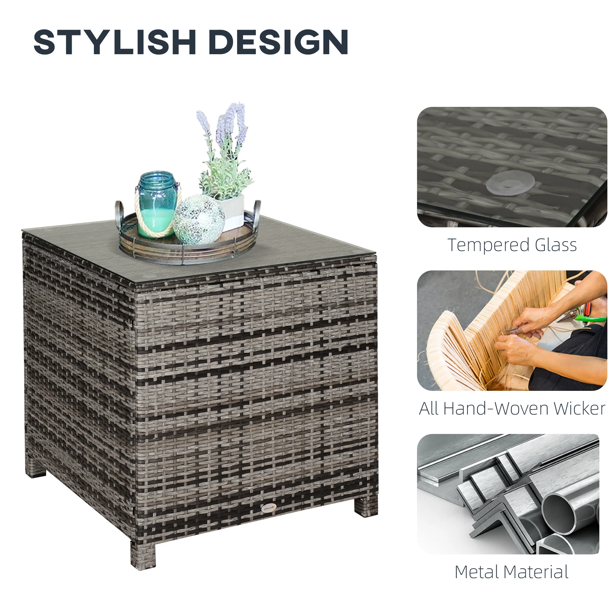 Square Outdoor Coffee Table, Patio PE Rattan Side Table w/ Tempered Glass Top, Mixed Grey - Image 9
