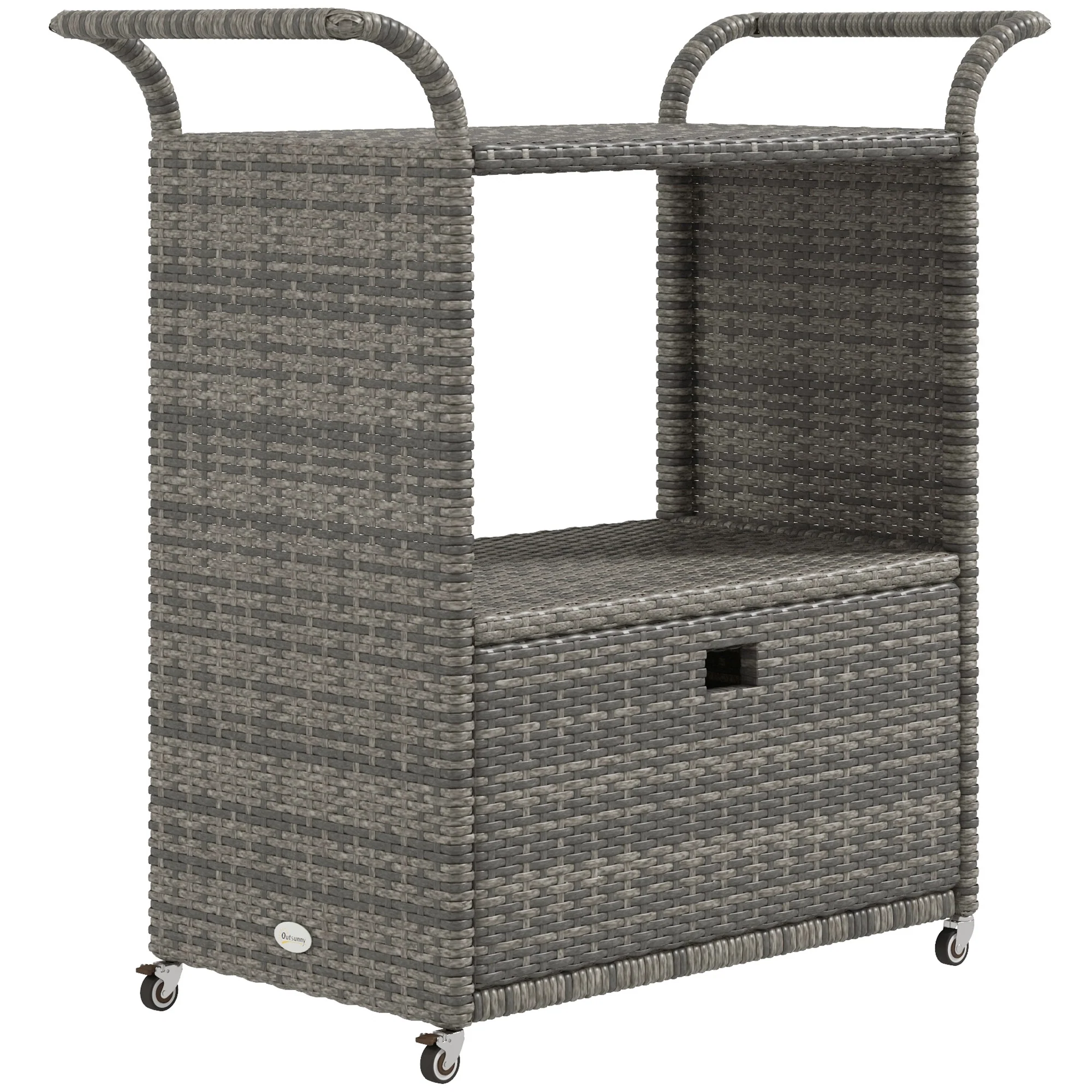 2-Tier PE Wicker Garden Serving Cart, Outdoor Wheeled Cart with Drawer & Handles, Grey - Image 12