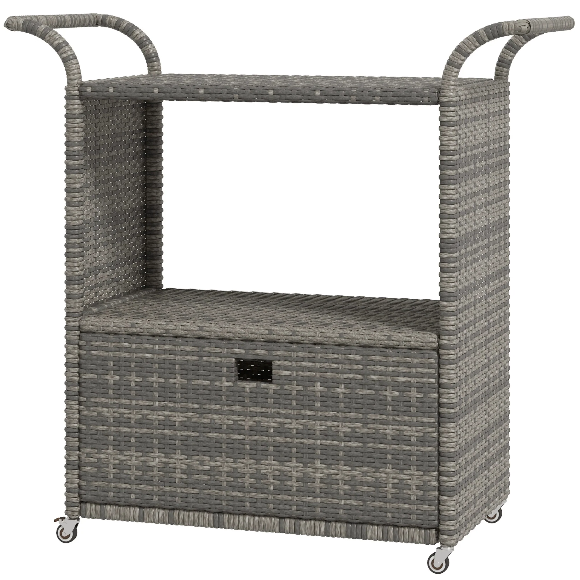 2-Tier PE Wicker Garden Serving Cart, Outdoor Wheeled Cart with Drawer & Handles, Grey - Image 2