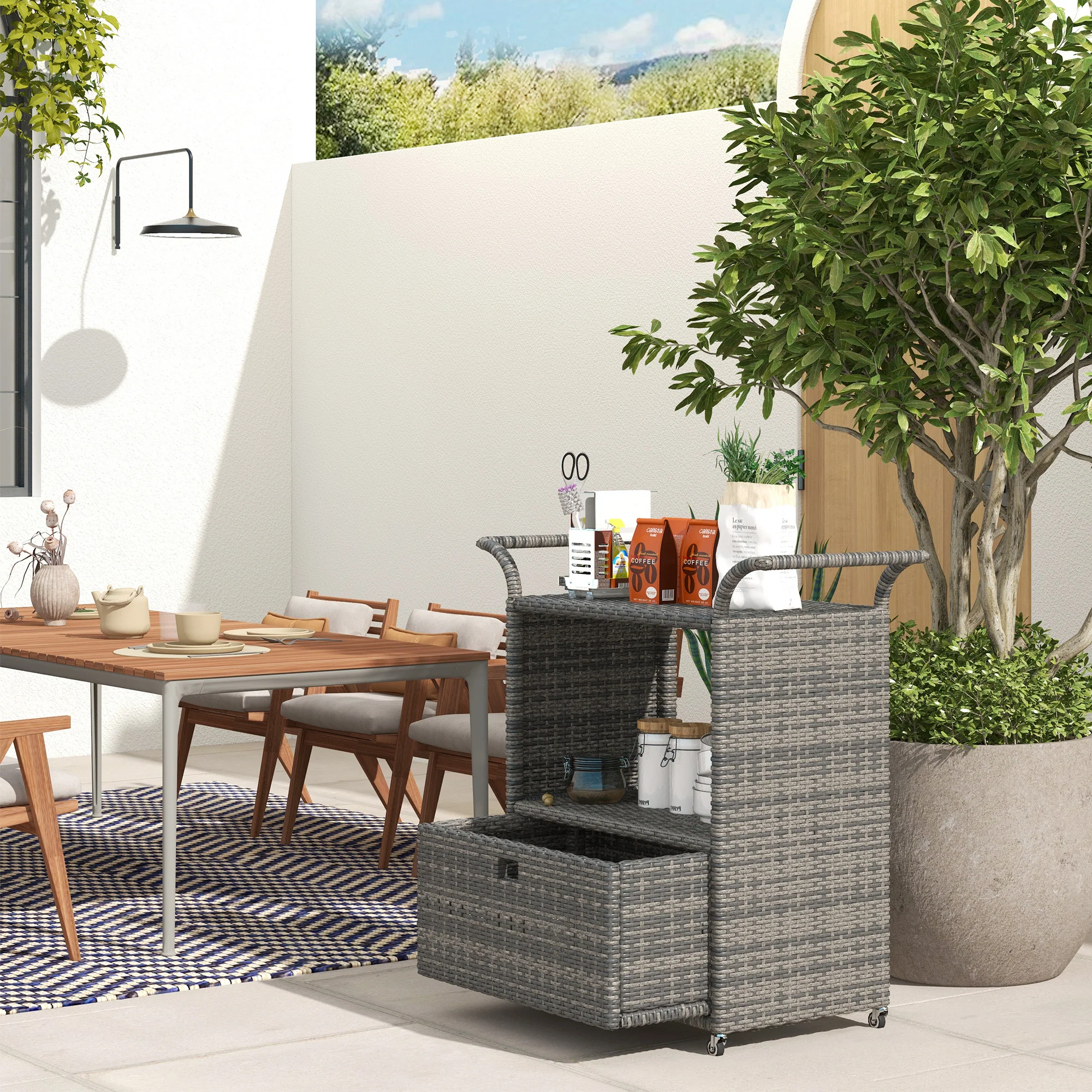 2-Tier PE Wicker Garden Serving Cart, Outdoor Wheeled Cart with Drawer & Handles, Grey - Image 3