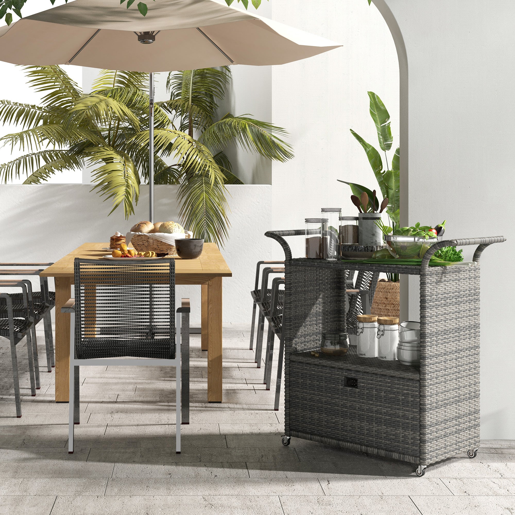 2-Tier PE Wicker Garden Serving Cart, Outdoor Wheeled Cart with Drawer & Handles, Grey - Image 4