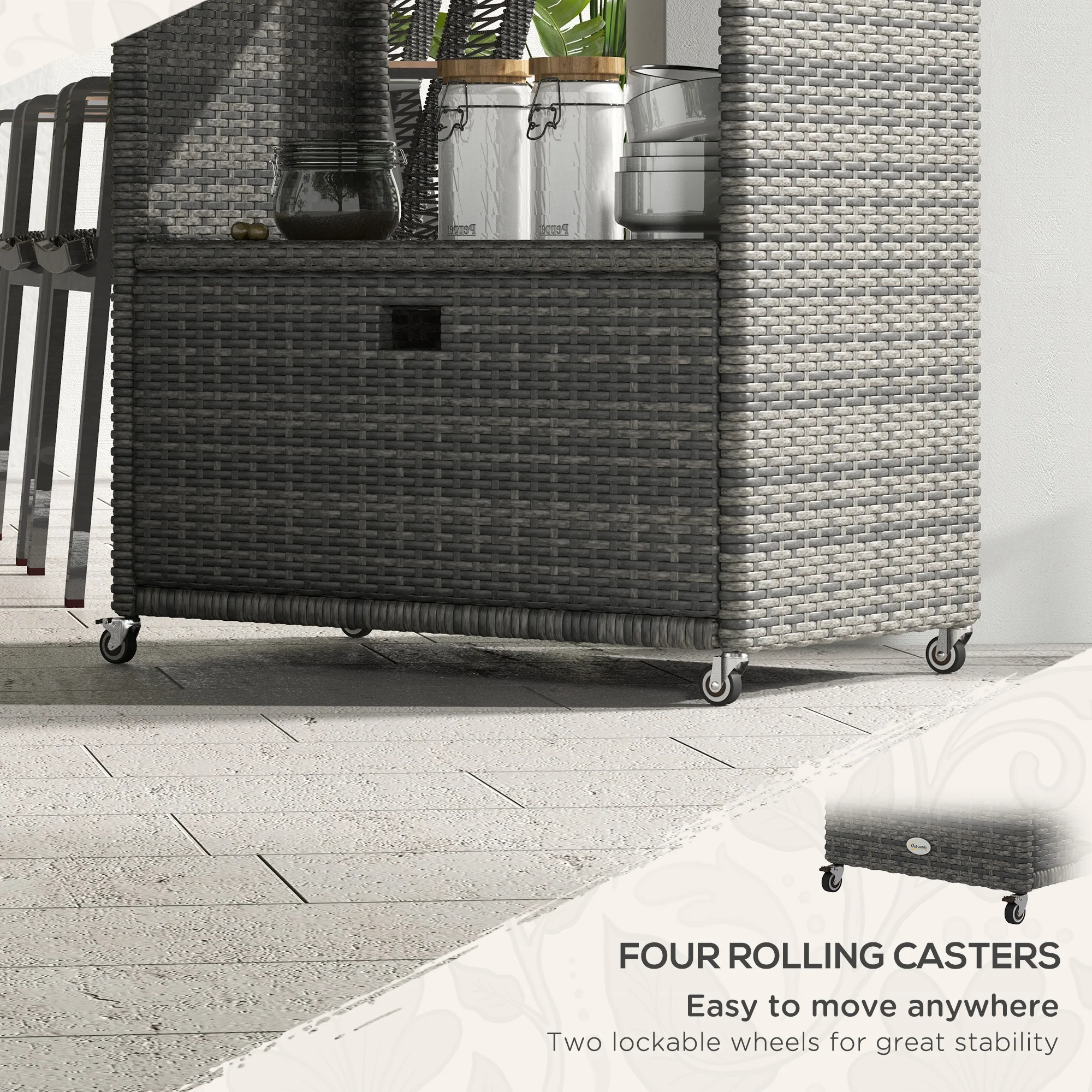 2-Tier PE Wicker Garden Serving Cart, Outdoor Wheeled Cart with Drawer & Handles, Grey - Image 6