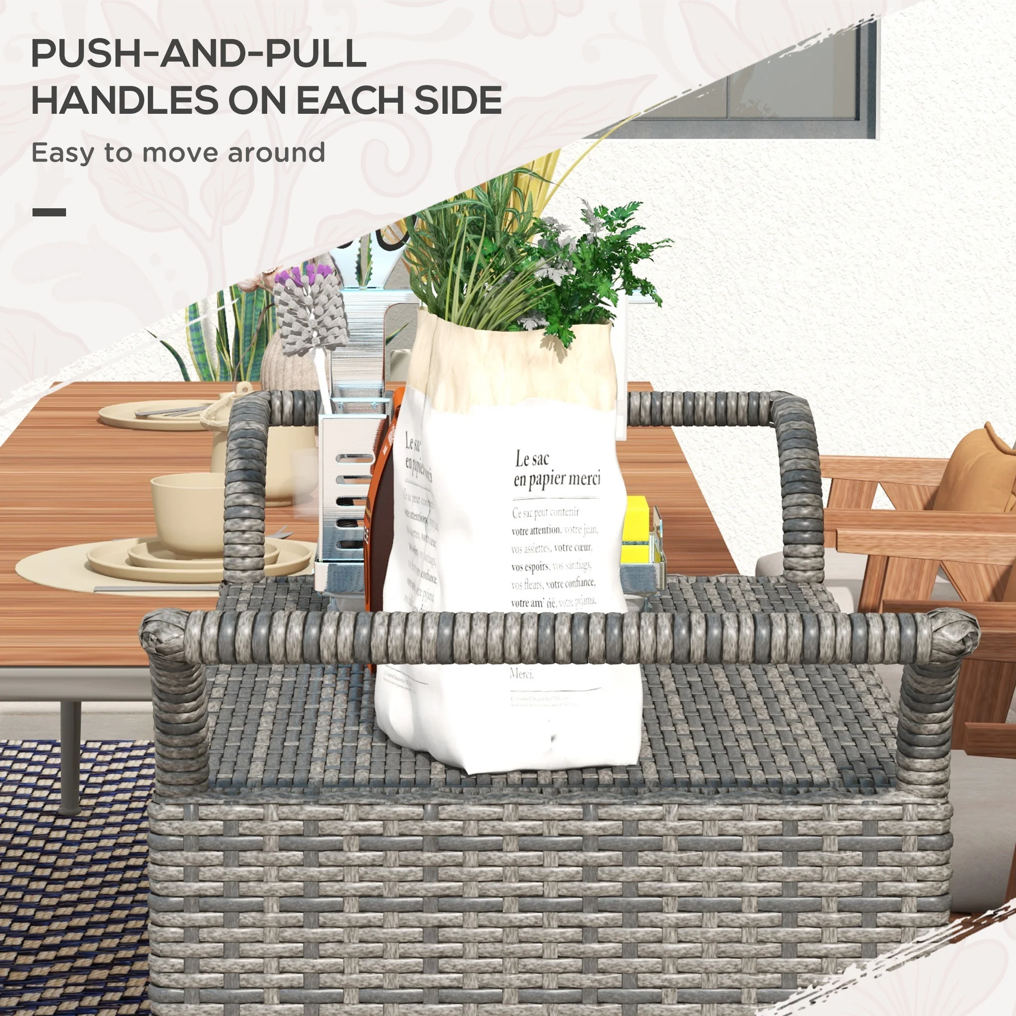 2-Tier PE Wicker Garden Serving Cart, Outdoor Wheeled Cart with Drawer & Handles, Grey - Image 9