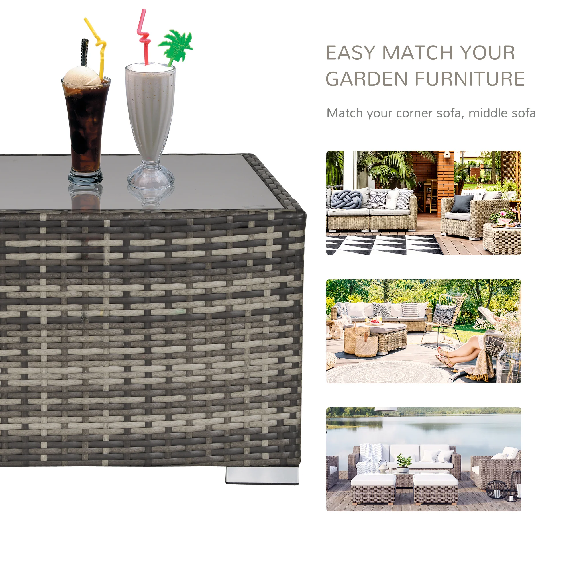 Patio Rattan Coffee Table, Ready to Use Outdoor Furniture for Garden Backyard, Deep Grey - Image 9