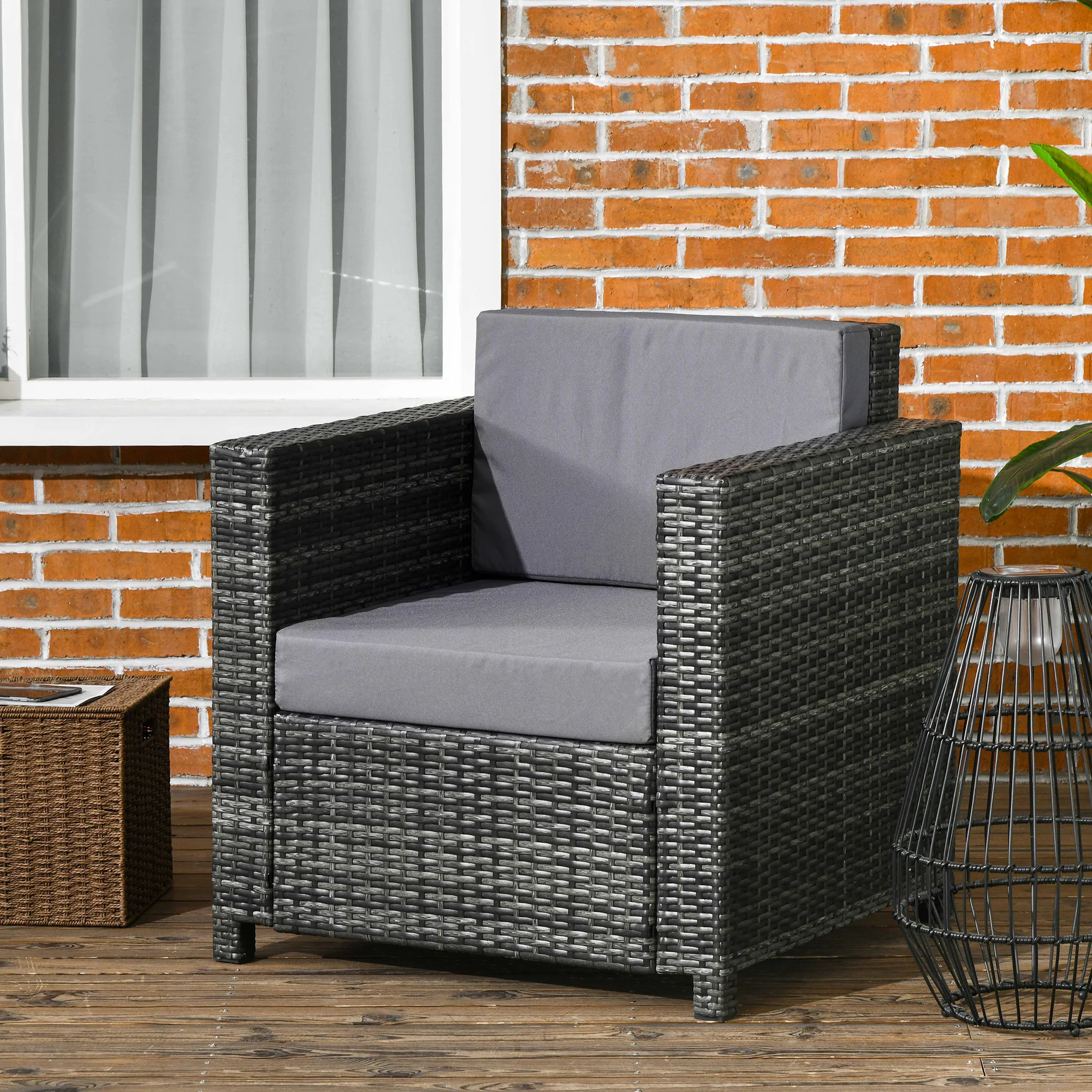 Outdoor Rattan Sofa, Patio Wicker Armchair with Cushions for Garden, Balcony, Porch, Grey - Image 3