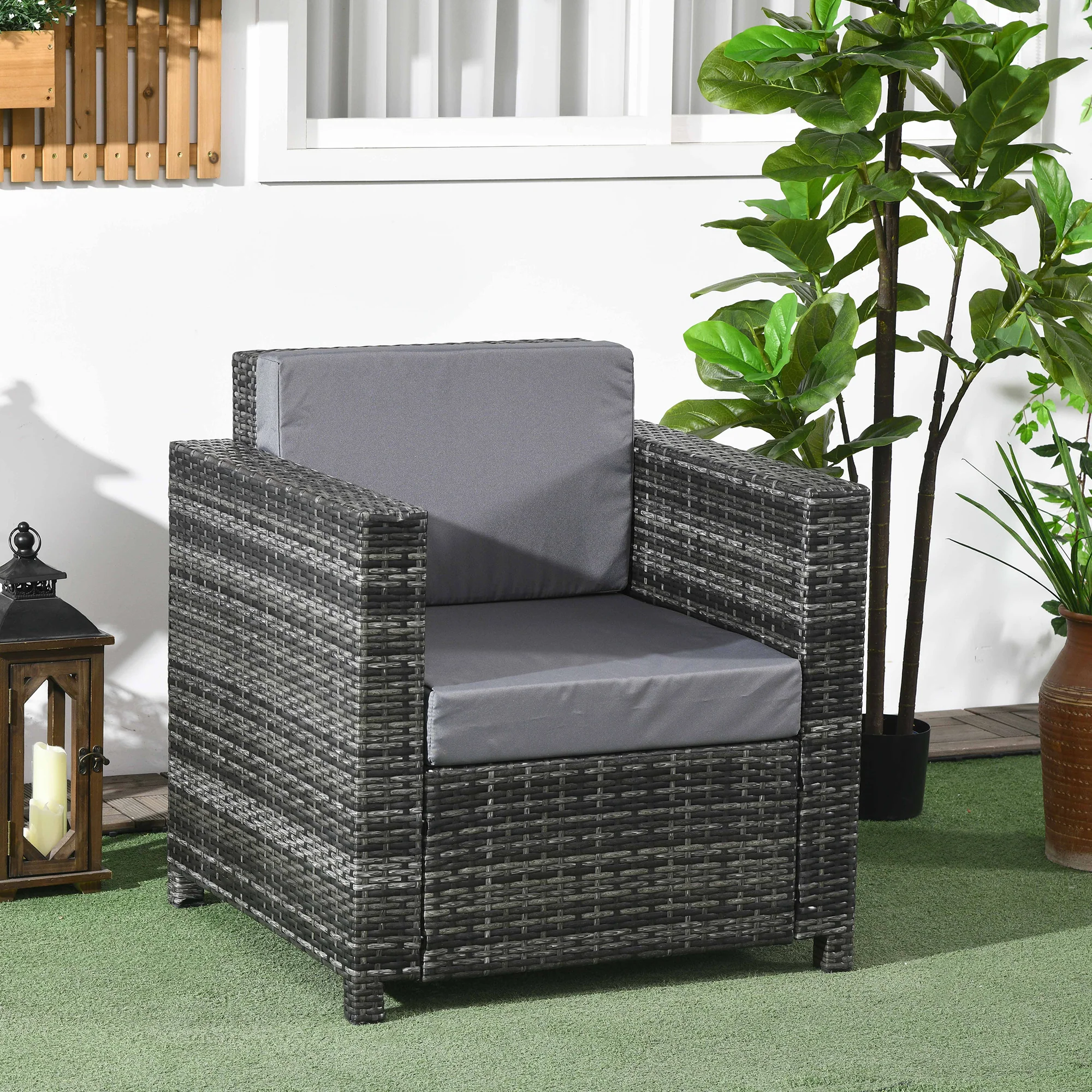 Outdoor Rattan Sofa, Patio Wicker Armchair with Cushions for Garden, Balcony, Porch, Grey - Image 4