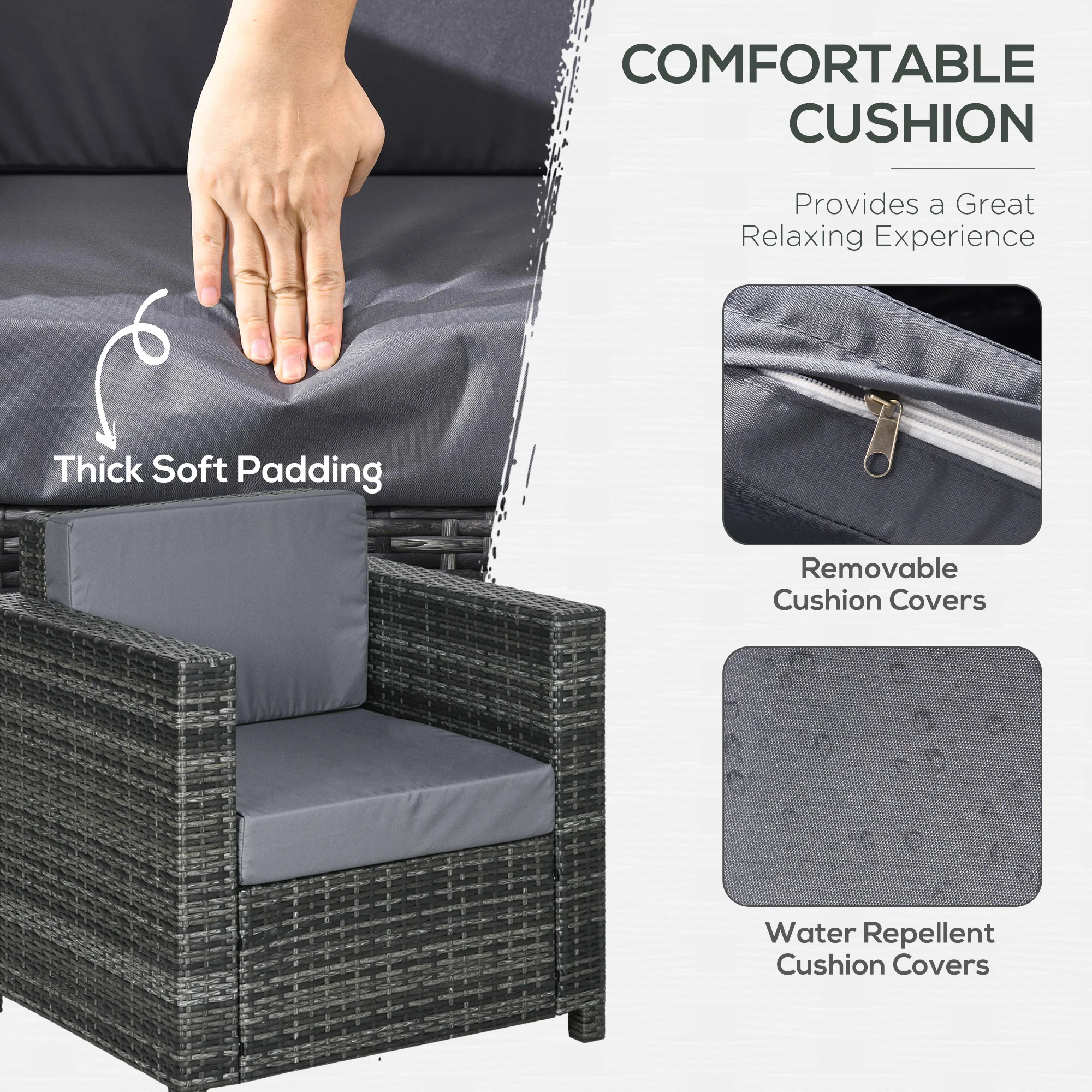 Outdoor Rattan Sofa, Patio Wicker Armchair with Cushions for Garden, Balcony, Porch, Grey - Image 7