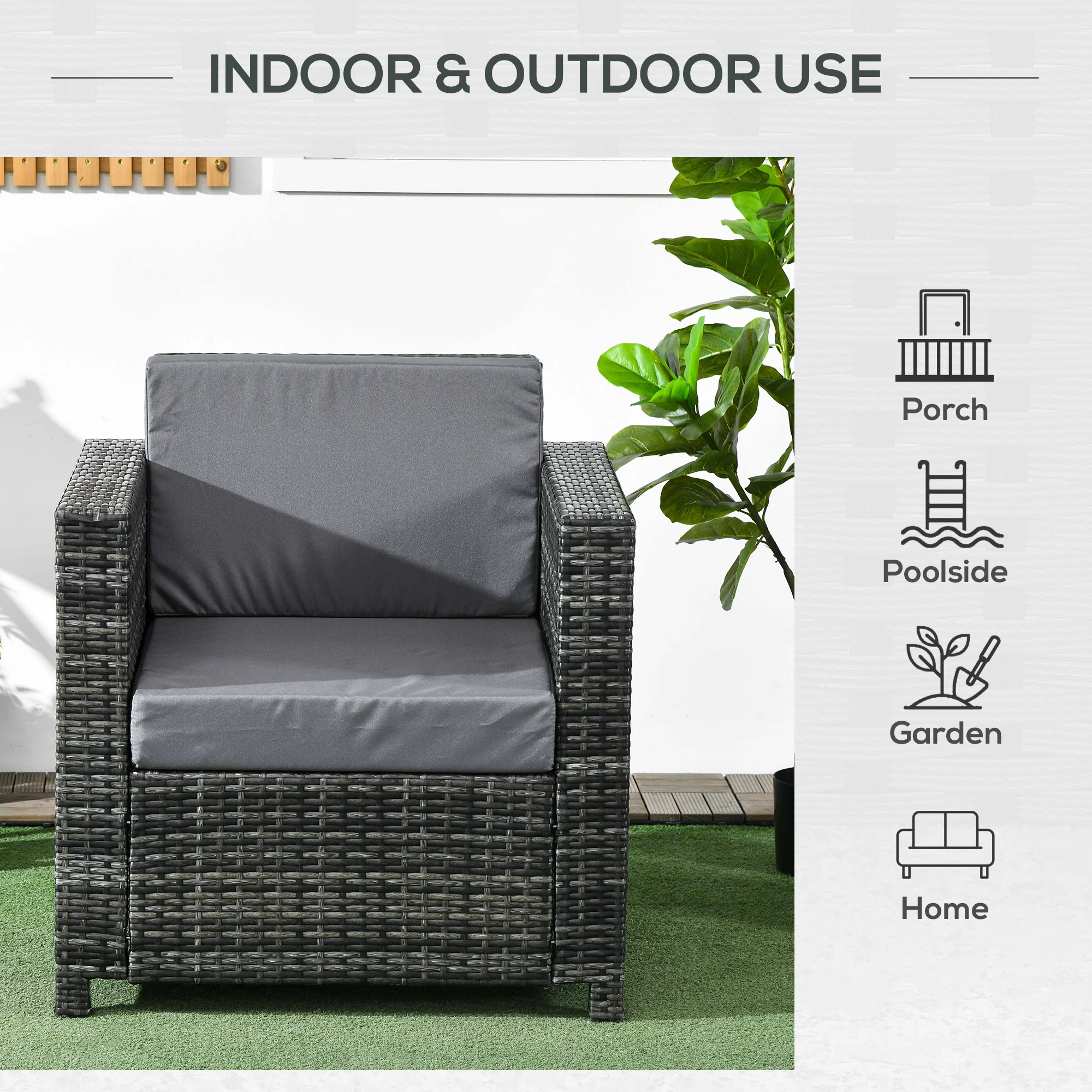 Outdoor Rattan Sofa, Patio Wicker Armchair with Cushions for Garden, Balcony, Porch, Grey - Image 9