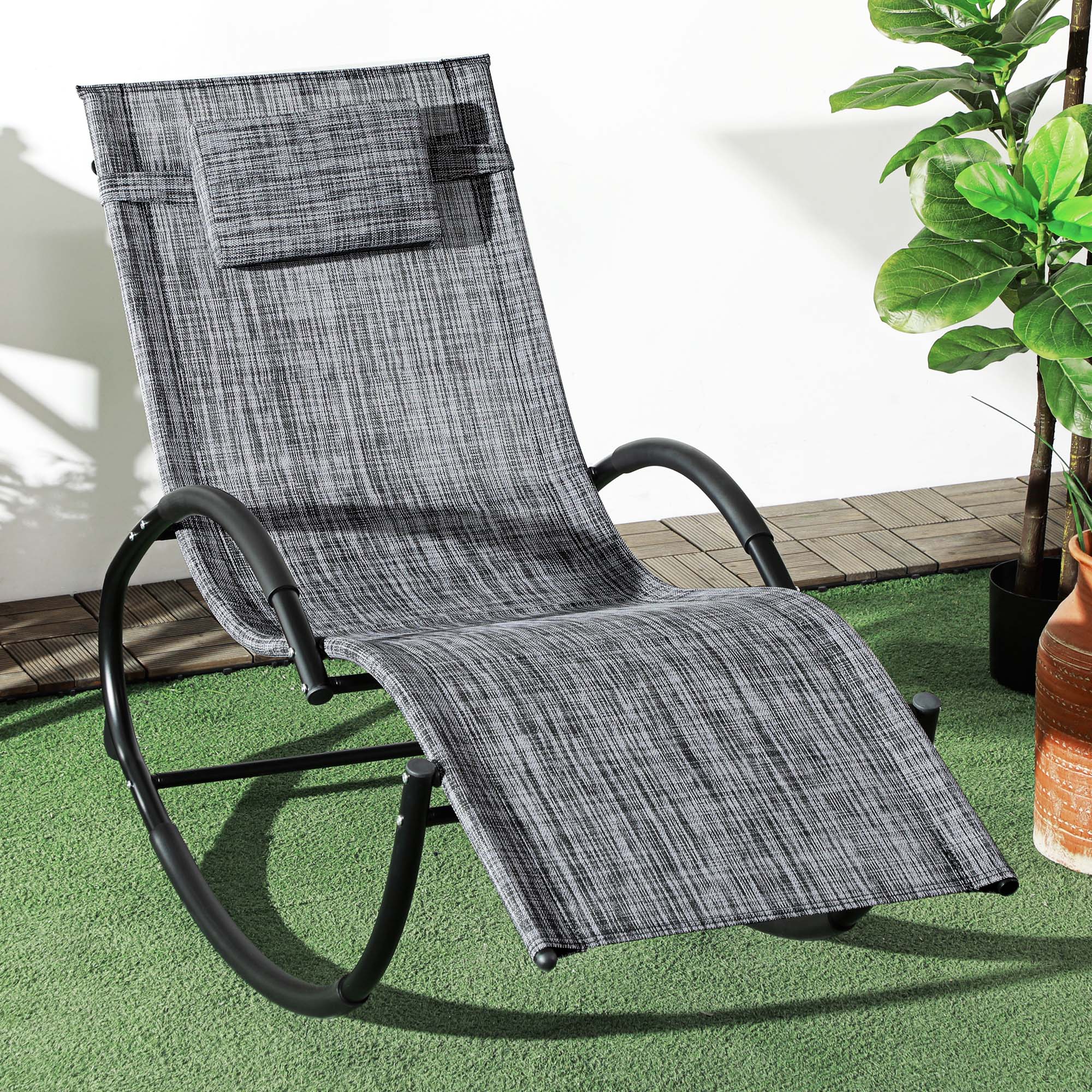 Outdoor Rocking Chair, Patio Zero Gravity Rocker with Mesh Seat and Padded Pillow, Grey - Image 3
