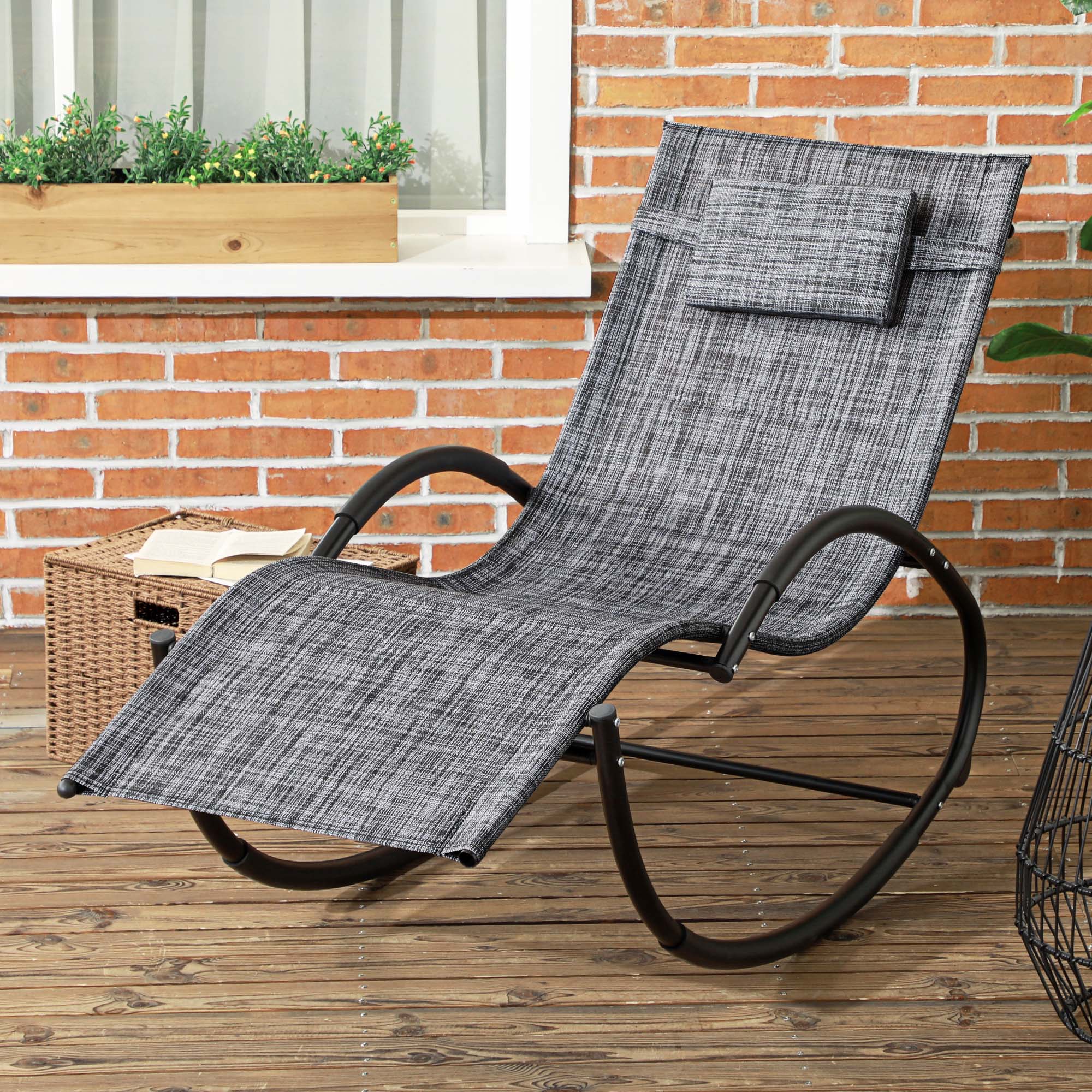 Outdoor Rocking Chair, Patio Zero Gravity Rocker with Mesh Seat and Padded Pillow, Grey - Image 4