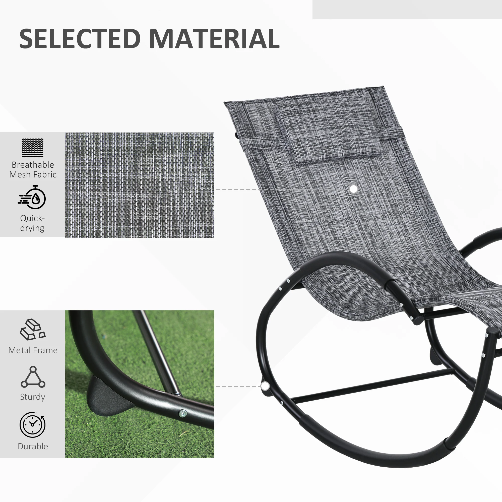 Outdoor Rocking Chair, Patio Zero Gravity Rocker with Mesh Seat and Padded Pillow, Grey - Image 9