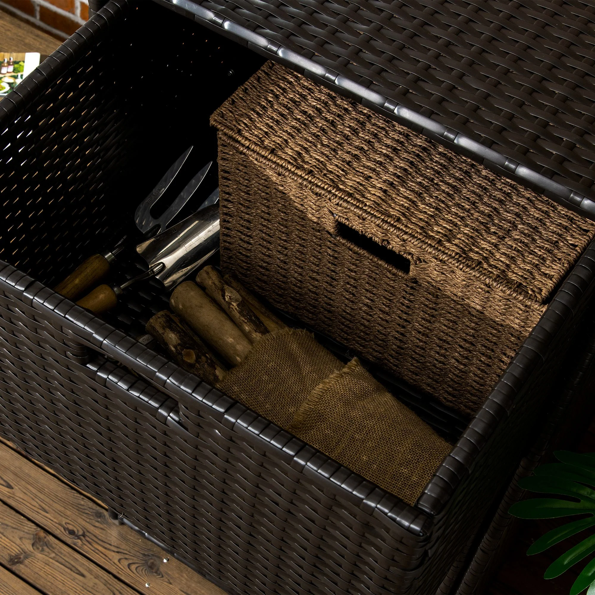 Outdoor Storage Cabinet, Waterproof PE Rattan Wicker Storage with Basket Drawer, Dark Brown - Image 10